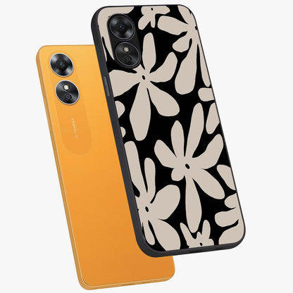 Monochrome Petal Dance Glass Case displayed in angled mockup highlighting elegant petal design with black and white aesthetic.