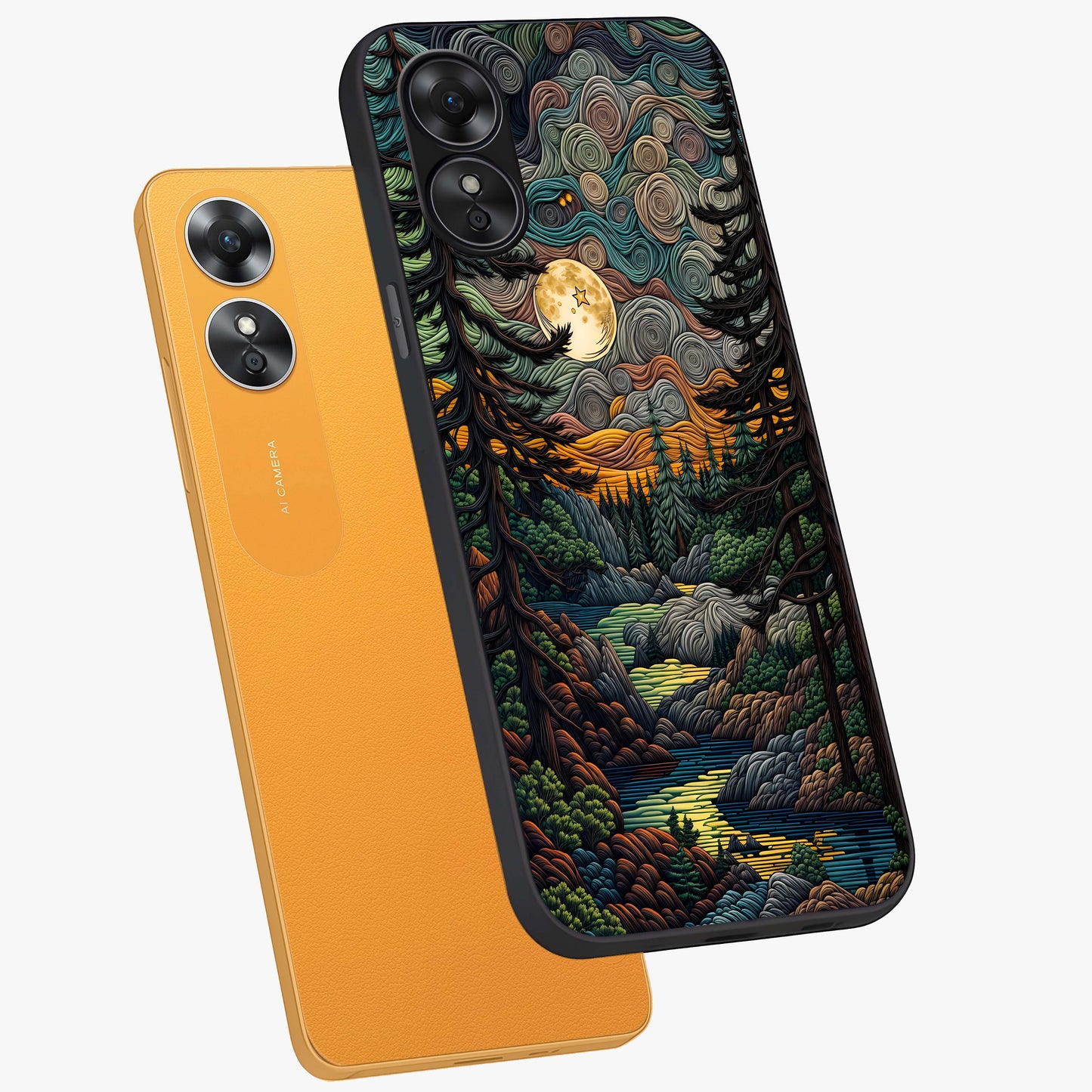 Moonlight Forest Dream Glass Case displayed in angled mockup highlighting dreamy forest design with glowing moon aesthetic.