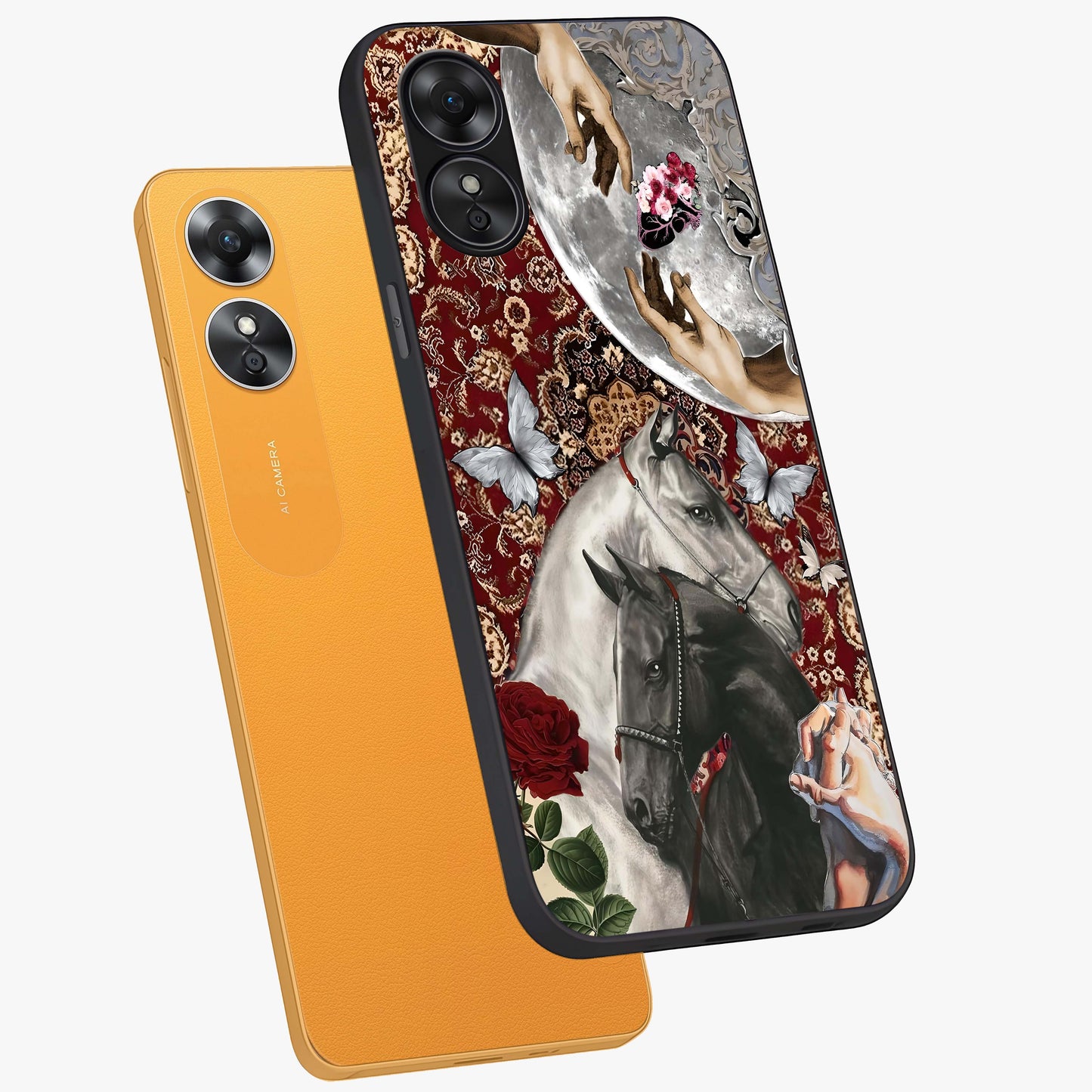Moonlit Royal Stallion Glass Case displayed in angled mockup highlighting powerful stallion illustration with royal night aesthetic.
