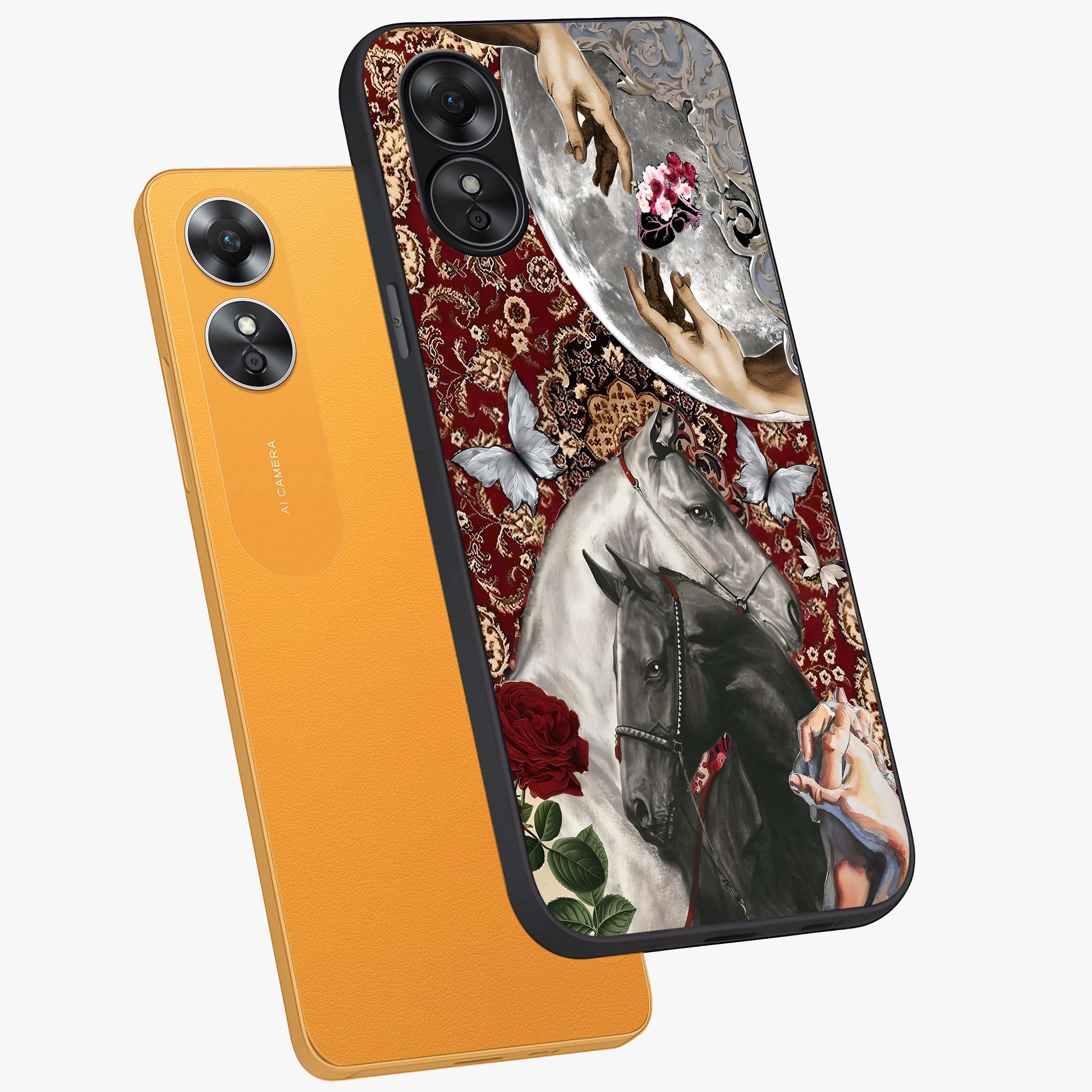 Moonlit Royal Stallion Glass Case displayed in angled mockup highlighting powerful stallion illustration with royal night aesthetic.