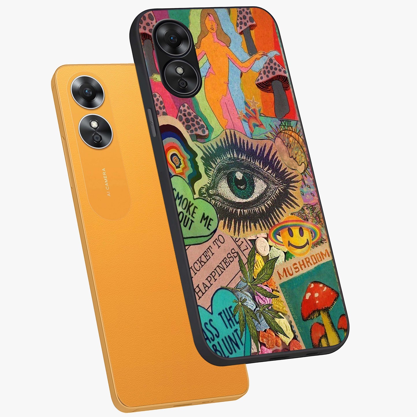 Mystic Eye Wonderland Glass Case displayed in angled mockup highlighting magical eye illustration with dreamy aesthetic.