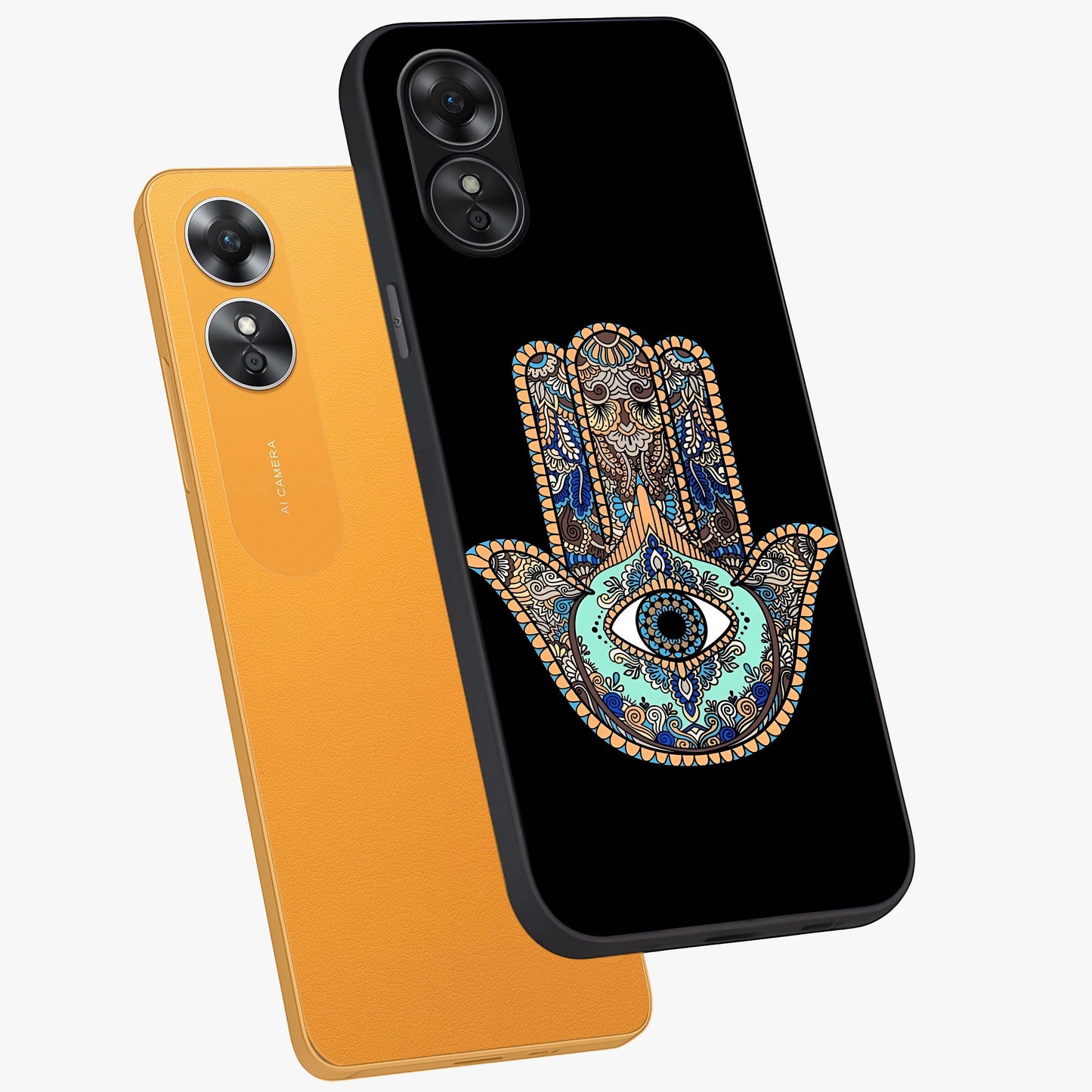 Mystic Hamsa Eye Glass Case displayed in angled mockup highlighting spiritual hamsa symbol with mystical aesthetic style.