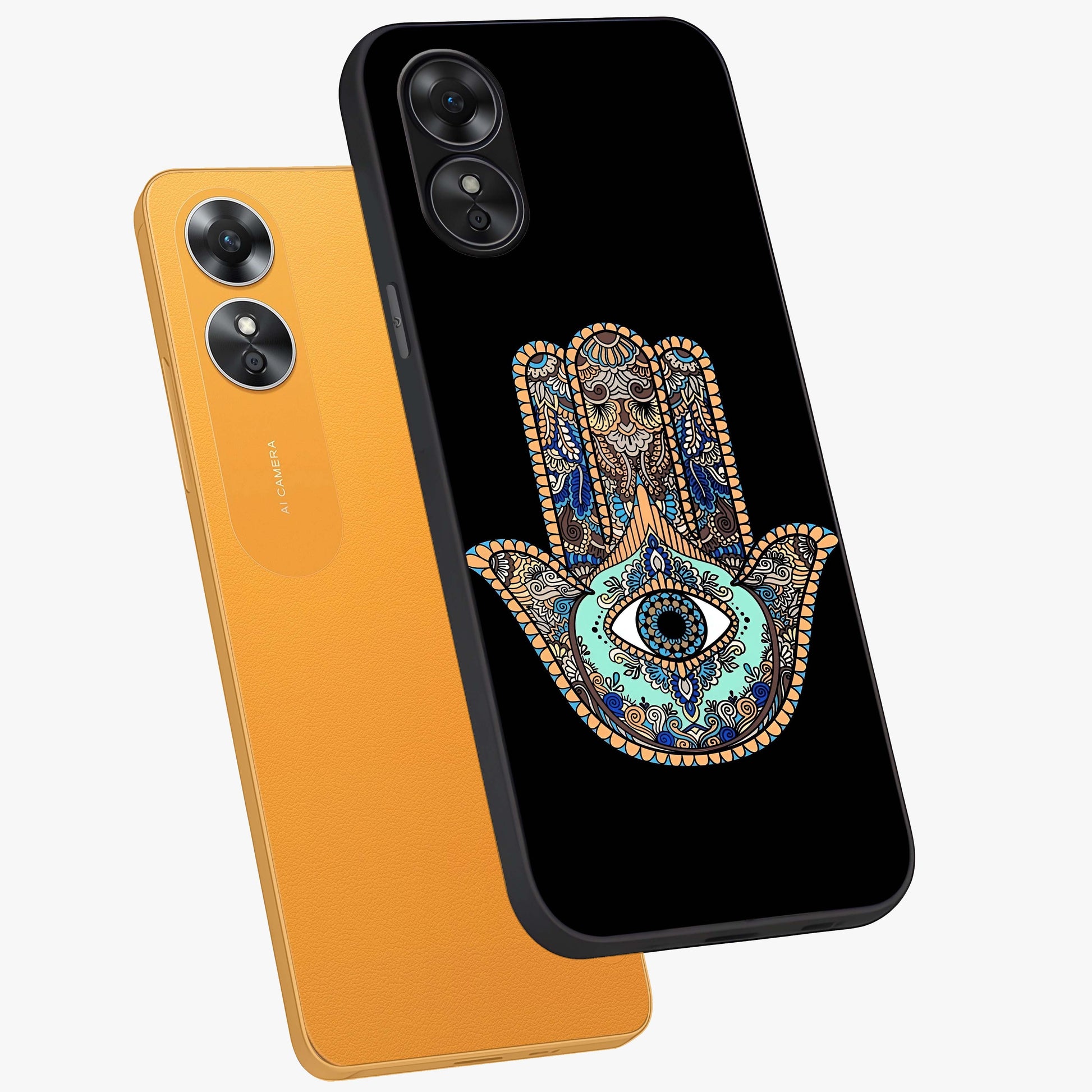 Mystic Hamsa Eye Glass Case displayed in angled mockup highlighting spiritual hamsa symbol with mystical aesthetic style.