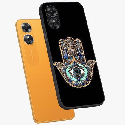 Mystic Hamsa Eye Glass Case displayed in angled mockup highlighting spiritual hamsa symbol with mystical aesthetic style.