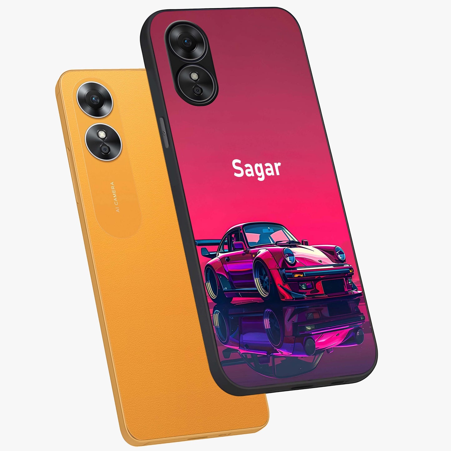 Neon Pink Porsche Glass Case displayed in angled mockup highlighting sleek neon pink car design with racing aesthetic.