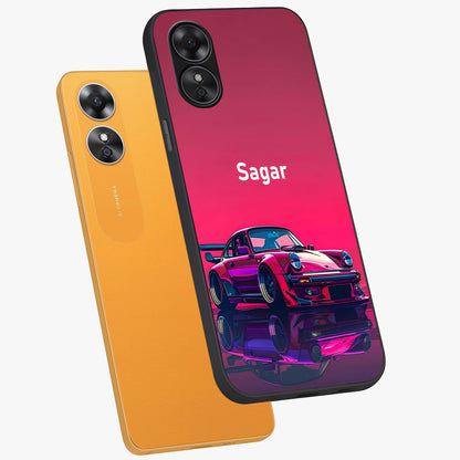 Neon Pink Porsche Glass Case displayed in angled mockup highlighting sleek neon pink car design with racing aesthetic.