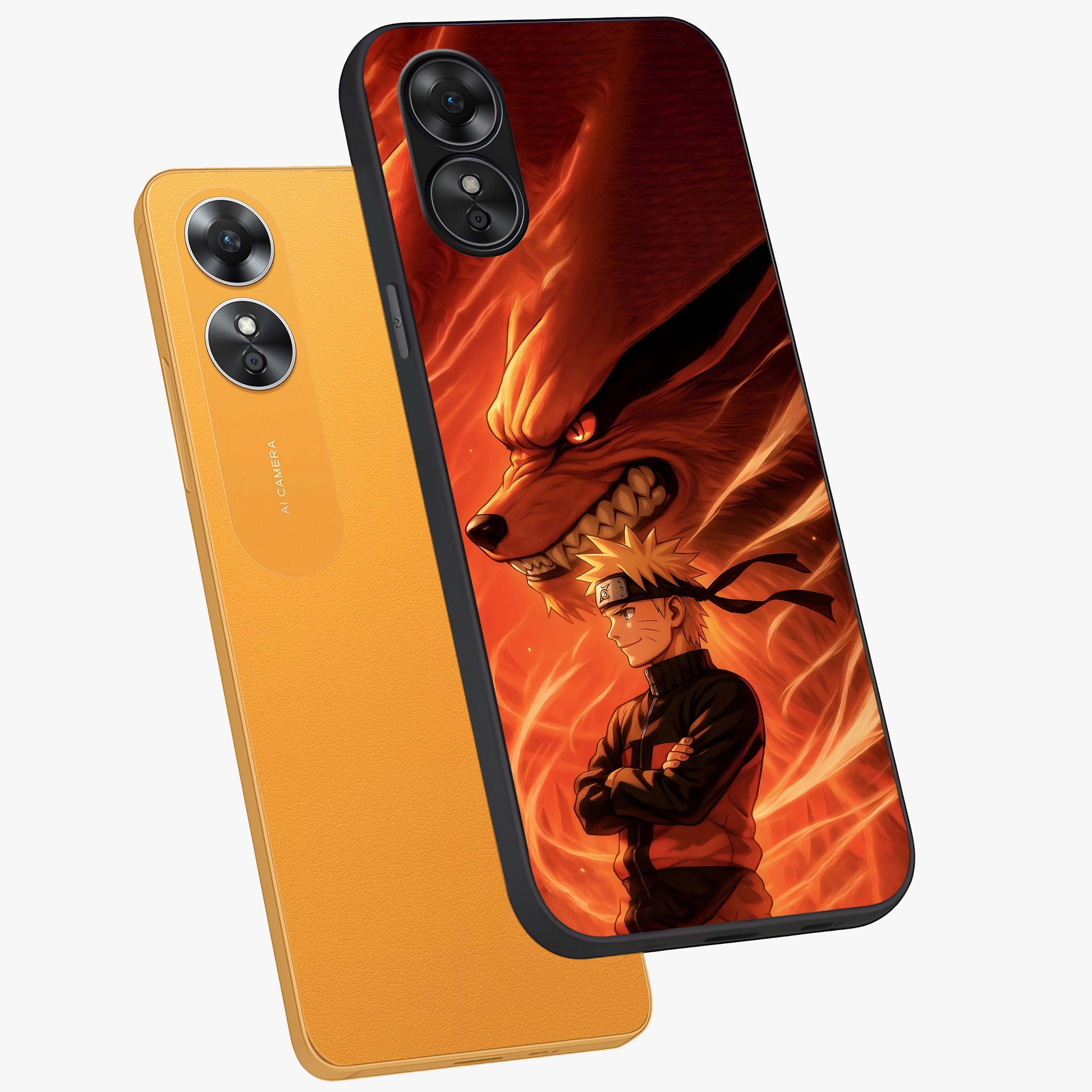 Nine Tails Legacy Glass Case displayed in angled mockup highlighting dynamic anime beast illustration with bold mystical aesthetic.