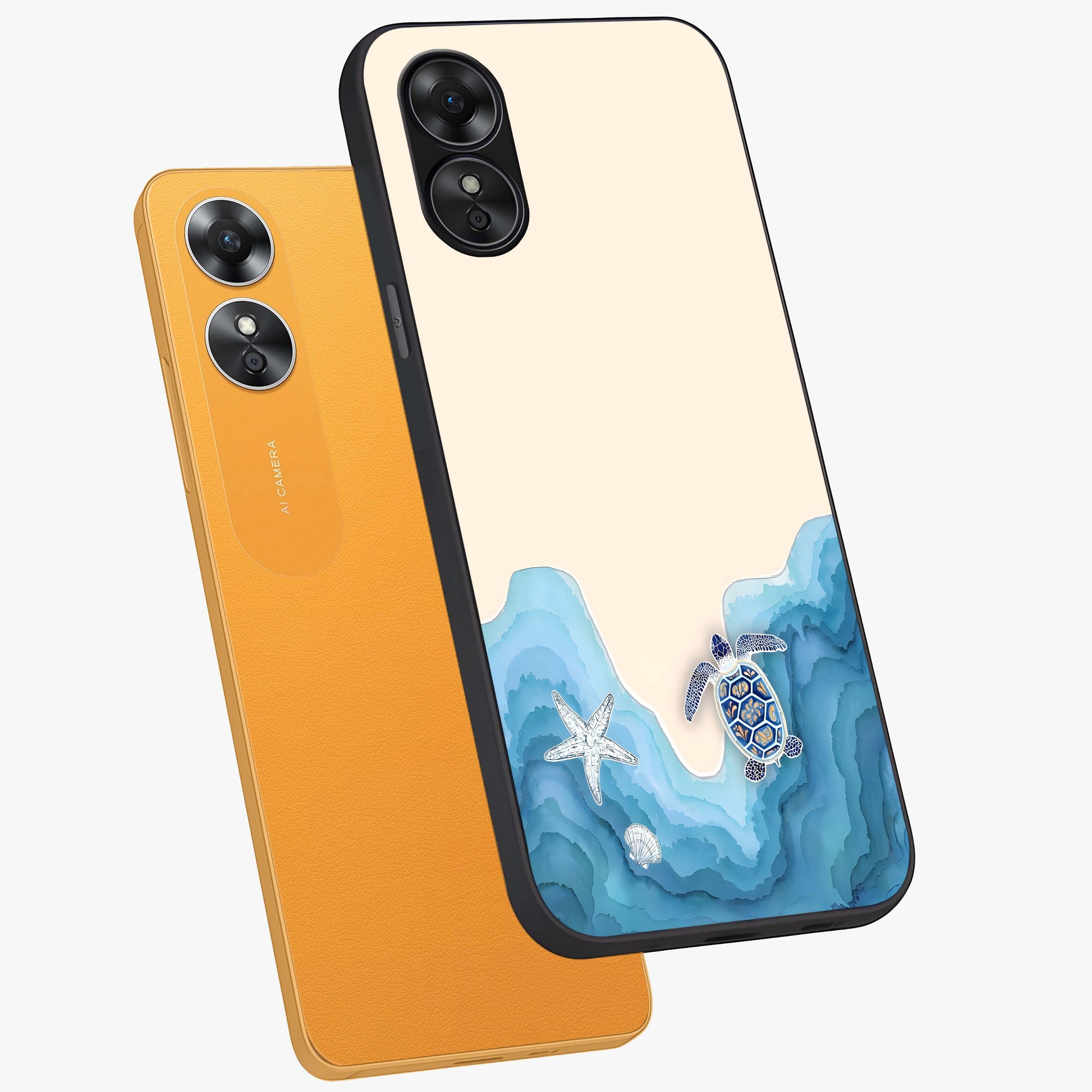Ocean Drift Turtle Glass Case displayed in angled mockup highlighting peaceful ocean turtle illustration with marine aesthetic.