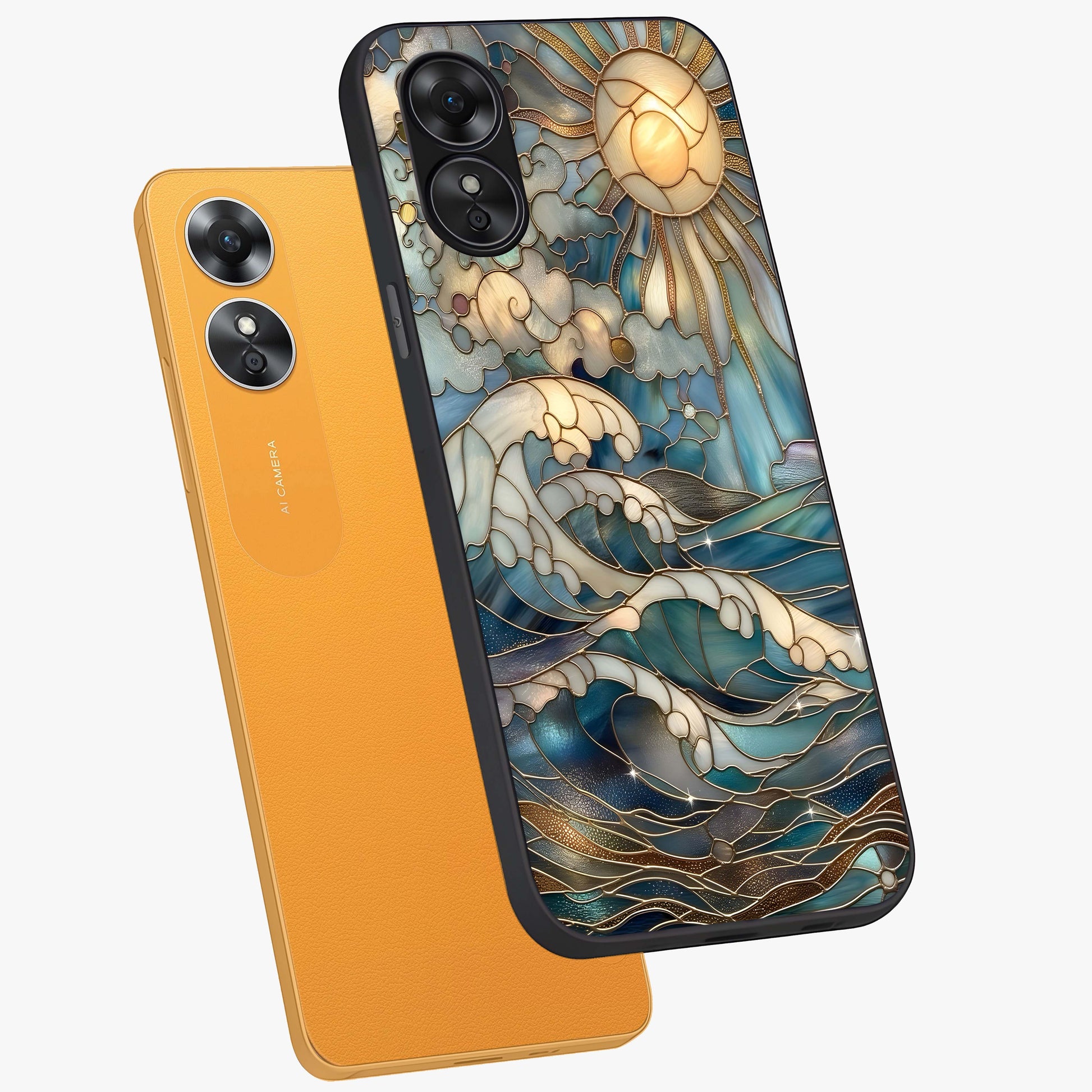 Oceanic Stained Printed Glass Case displayed in angled mockup highlighting colorful aquatic design with artistic aesthetic style.