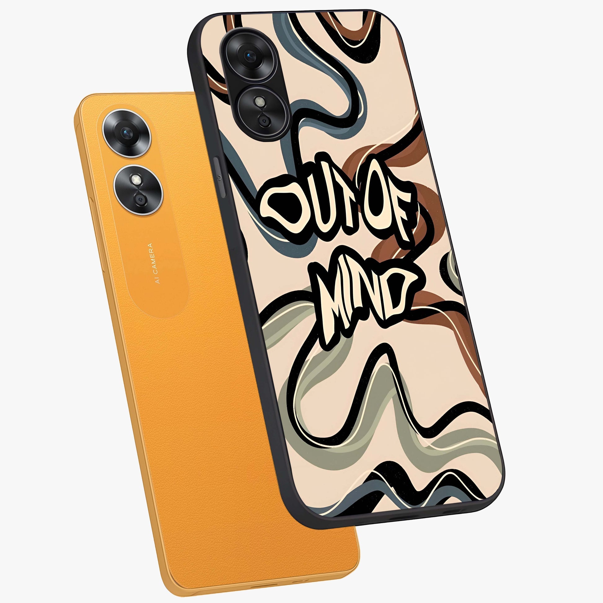 Out Of Mind Glass Case displayed in angled mockup highlighting bold statement design with modern artistic aesthetic.