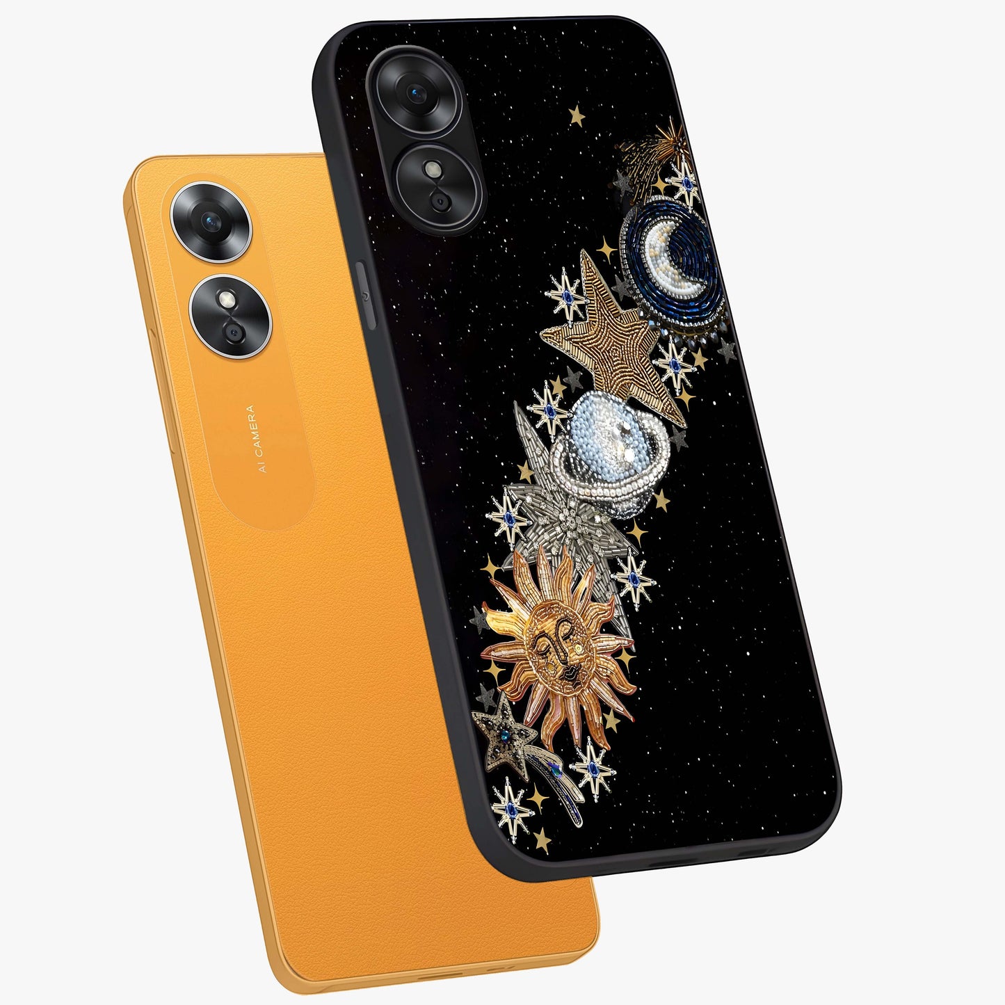 Pearls Universe Object Glass Case displayed in angled mockup highlighting celestial pearl design with dreamy aesthetic.