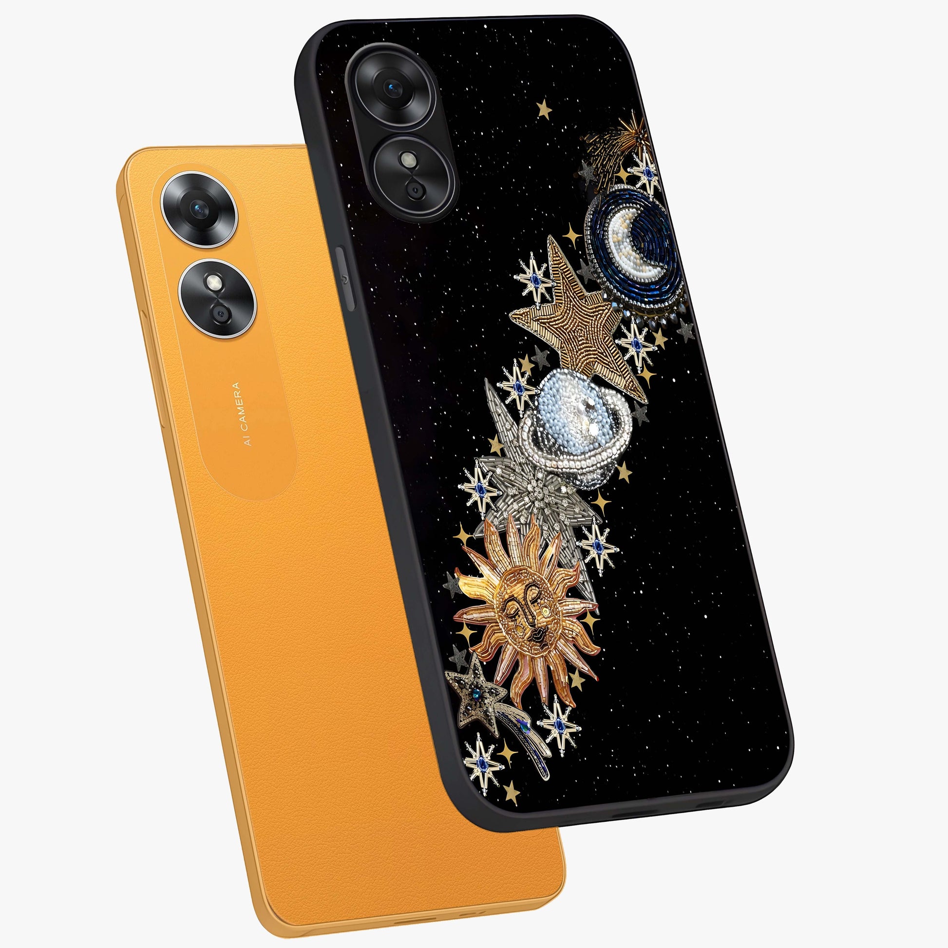 Pearls Universe Object Glass Case displayed in angled mockup highlighting celestial pearl design with dreamy aesthetic.
