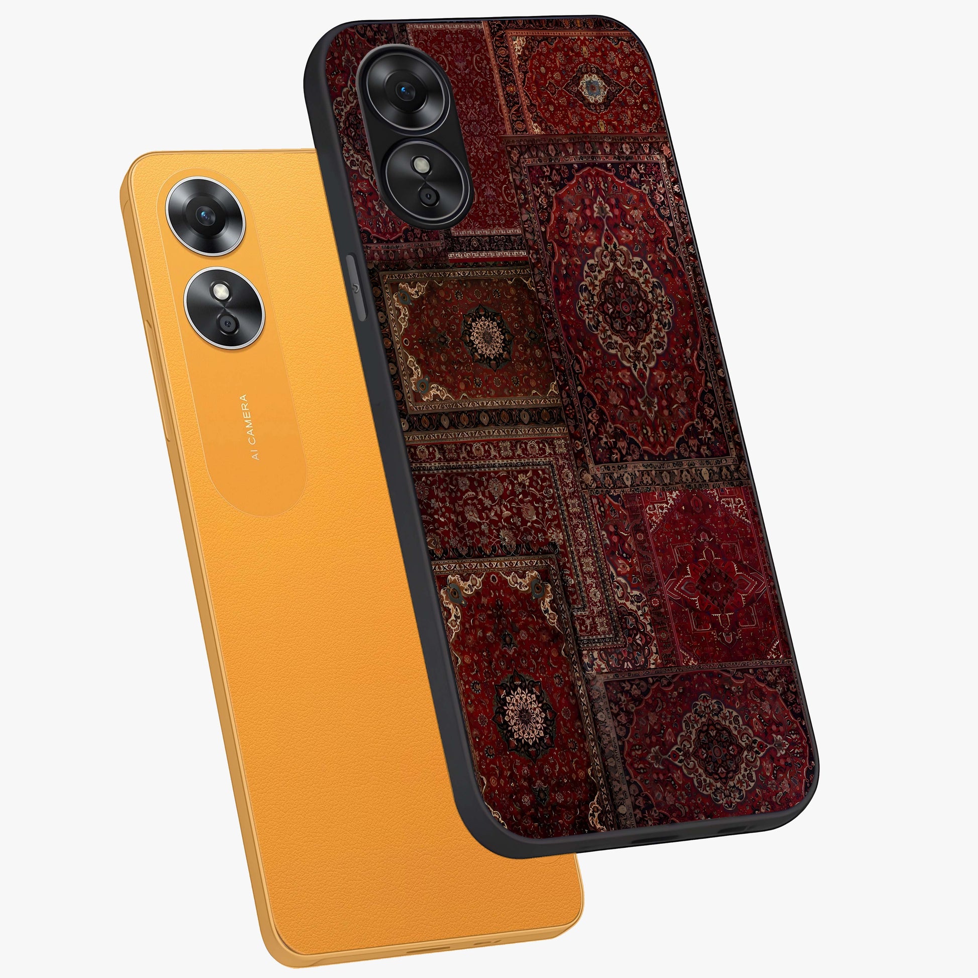 Persian Velvet Tale Glass Case displayed in angled mockup highlighting ornate textile inspired design with royal aesthetic.