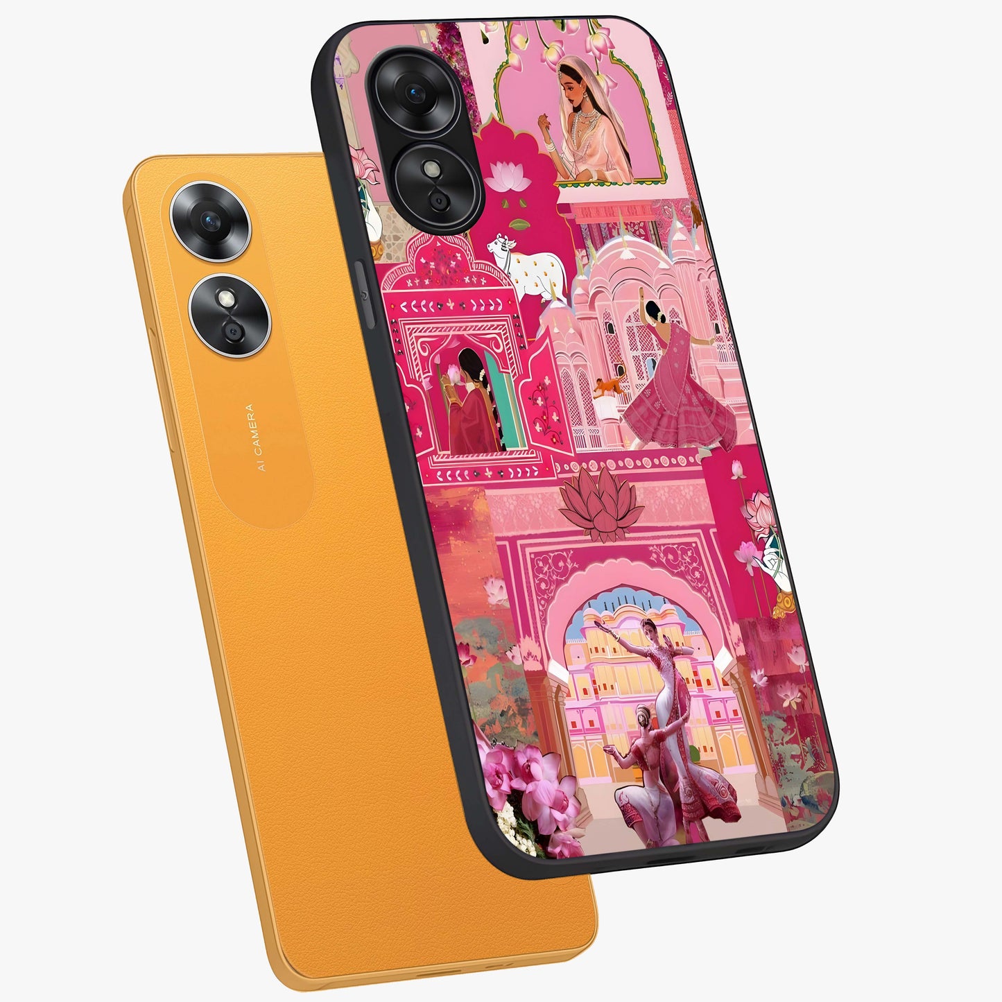 Pink Palace Muse Glass Case displayed in angled mockup highlighting dreamy palace illustration with soft pink aesthetic.