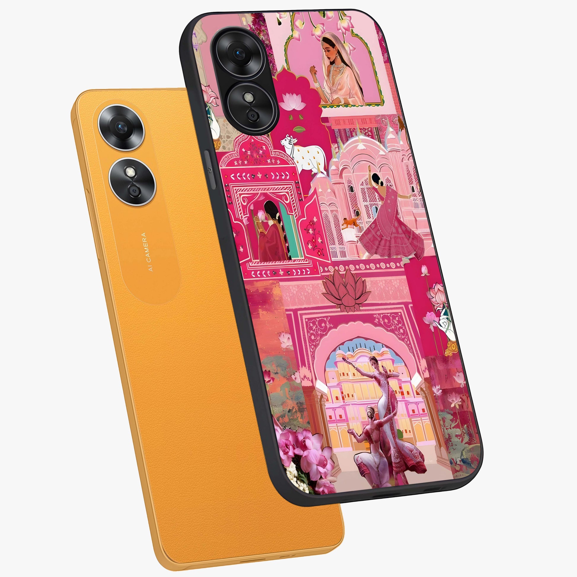 Pink Palace Muse Glass Case displayed in angled mockup highlighting dreamy palace illustration with soft pink aesthetic.
