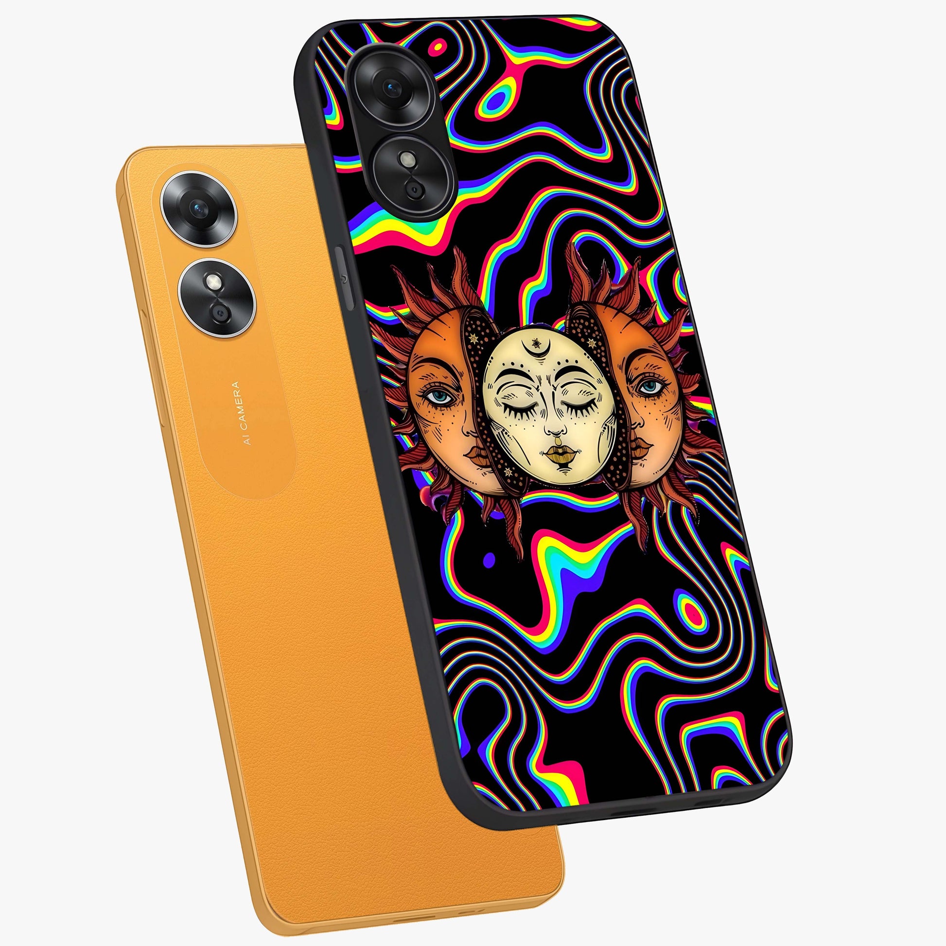 Psychedelic Sun Glass Case displayed in angled mockup highlighting vibrant abstract sun design with artistic aesthetic style.