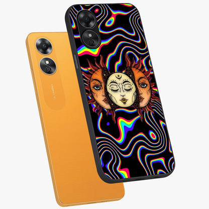 Psychedelic Sun Glass Case displayed in angled mockup highlighting vibrant abstract sun design with artistic aesthetic style.