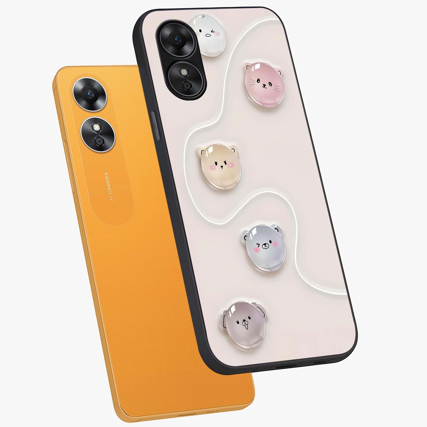 Puffy Face Parade Glass Case displayed in angled mockup highlighting playful cartoon face design with fun aesthetic.