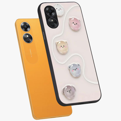 Puffy Face Parade Glass Case displayed in angled mockup highlighting playful cartoon face design with fun aesthetic.