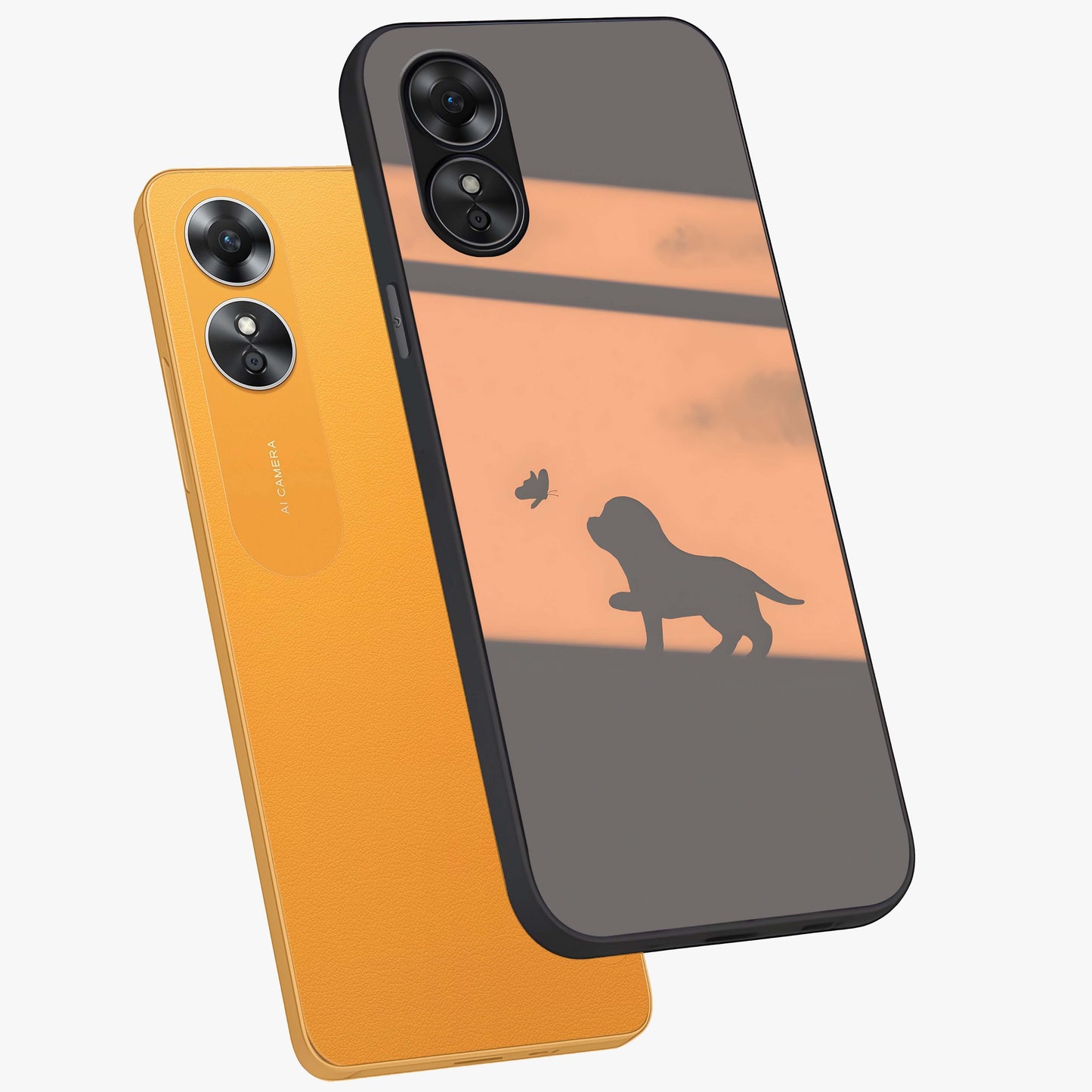 Puppy Shadow Art Glass Case displayed in angled mockup highlighting playful dog illustration with artistic shadow aesthetic.