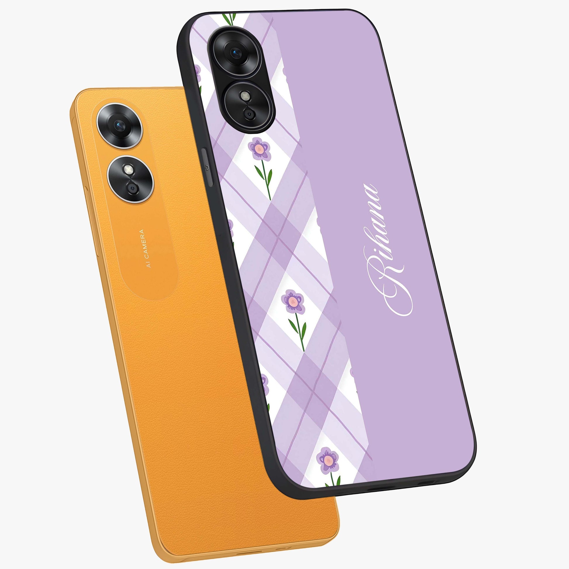 Purple Diamond Floral Glass Case displayed in angled mockup highlighting elegant purple flower design with decorative pattern.