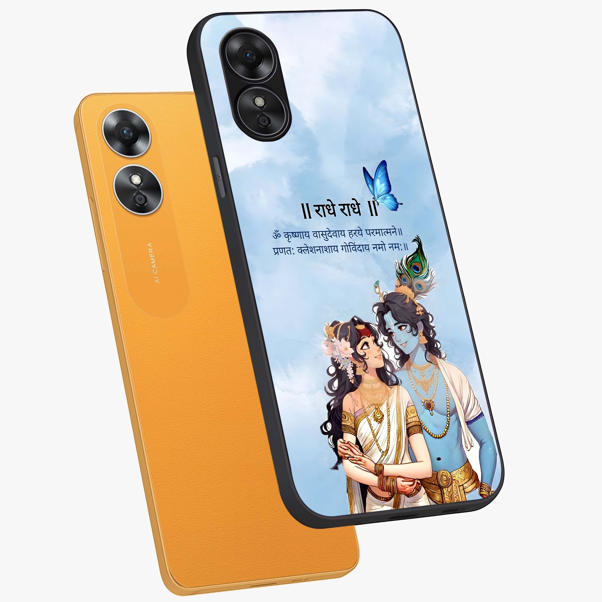 Radha Krishna Eternal Glass Case displayed in angled mockup highlighting divine Radha Krishna illustration with spiritual aesthetic.