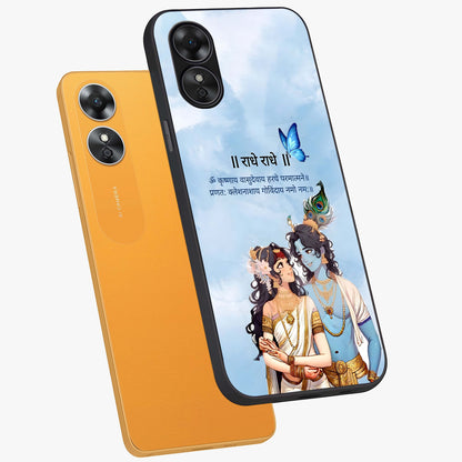 Radha Krishna Eternal Glass Case displayed in angled mockup highlighting divine Radha Krishna illustration with spiritual aesthetic.