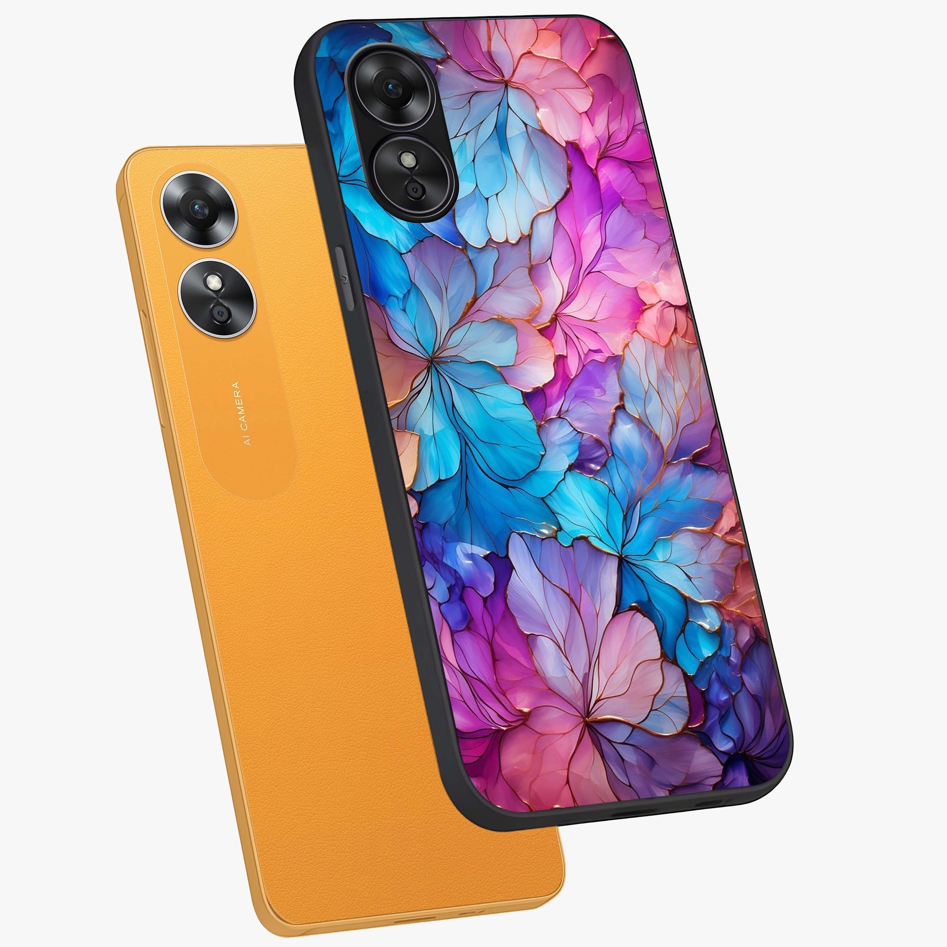 Radiant Floral Whirl Glass Case displayed in angled mockup highlighting vibrant flower pattern with dynamic artistic aesthetic.