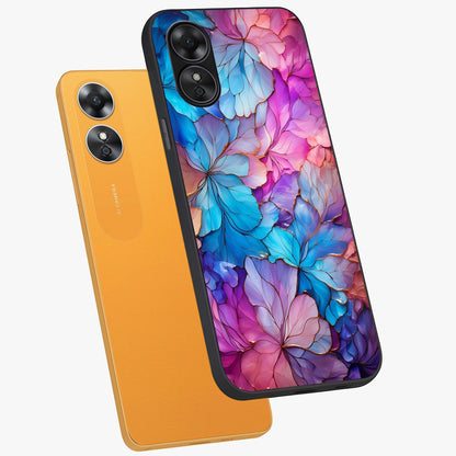 Radiant Floral Whirl Glass Case displayed in angled mockup highlighting vibrant flower pattern with dynamic artistic aesthetic.