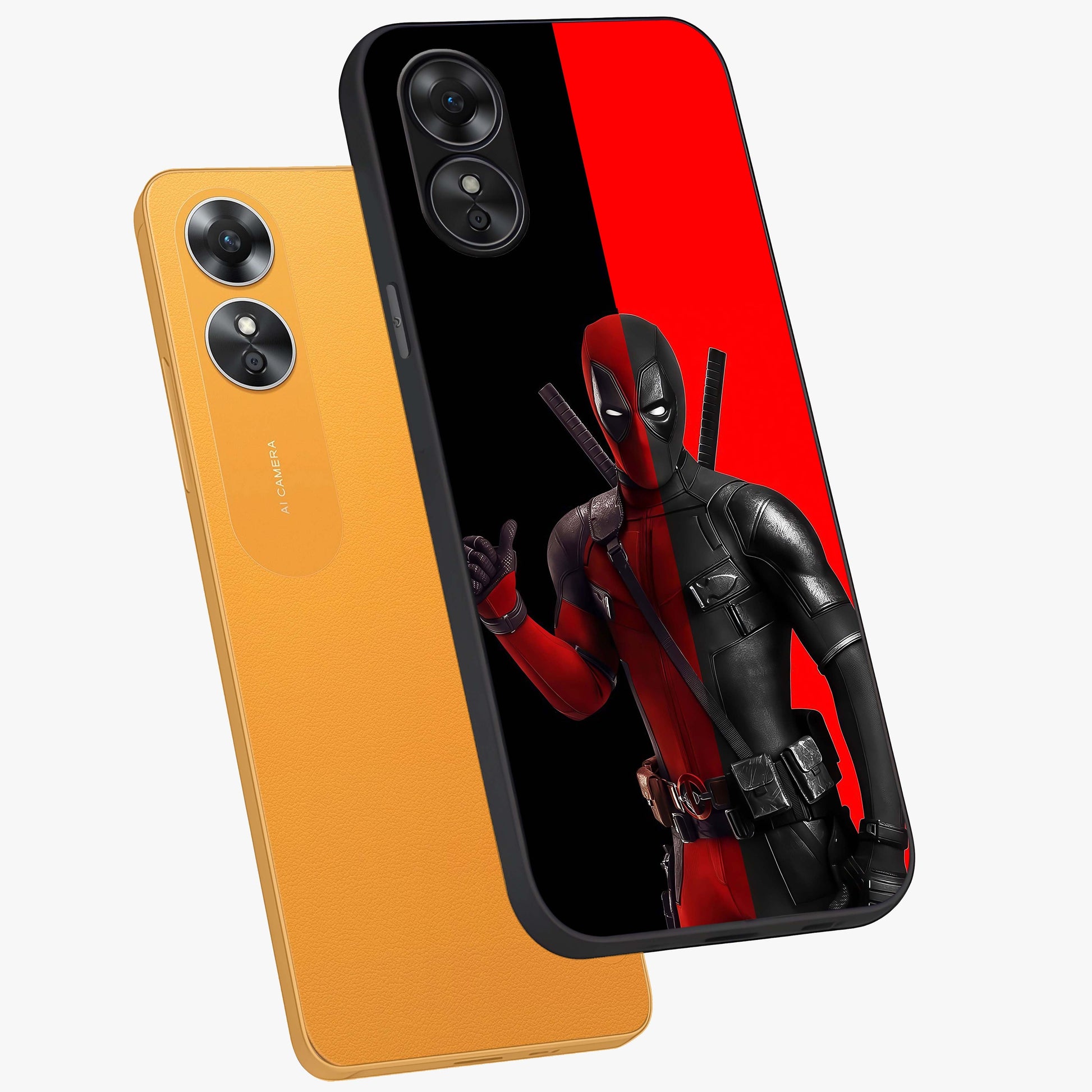 Red & Black Deadpool Theme Glass Case displayed in angled mockup highlighting vibrant superhero style illustration with action aesthetic.