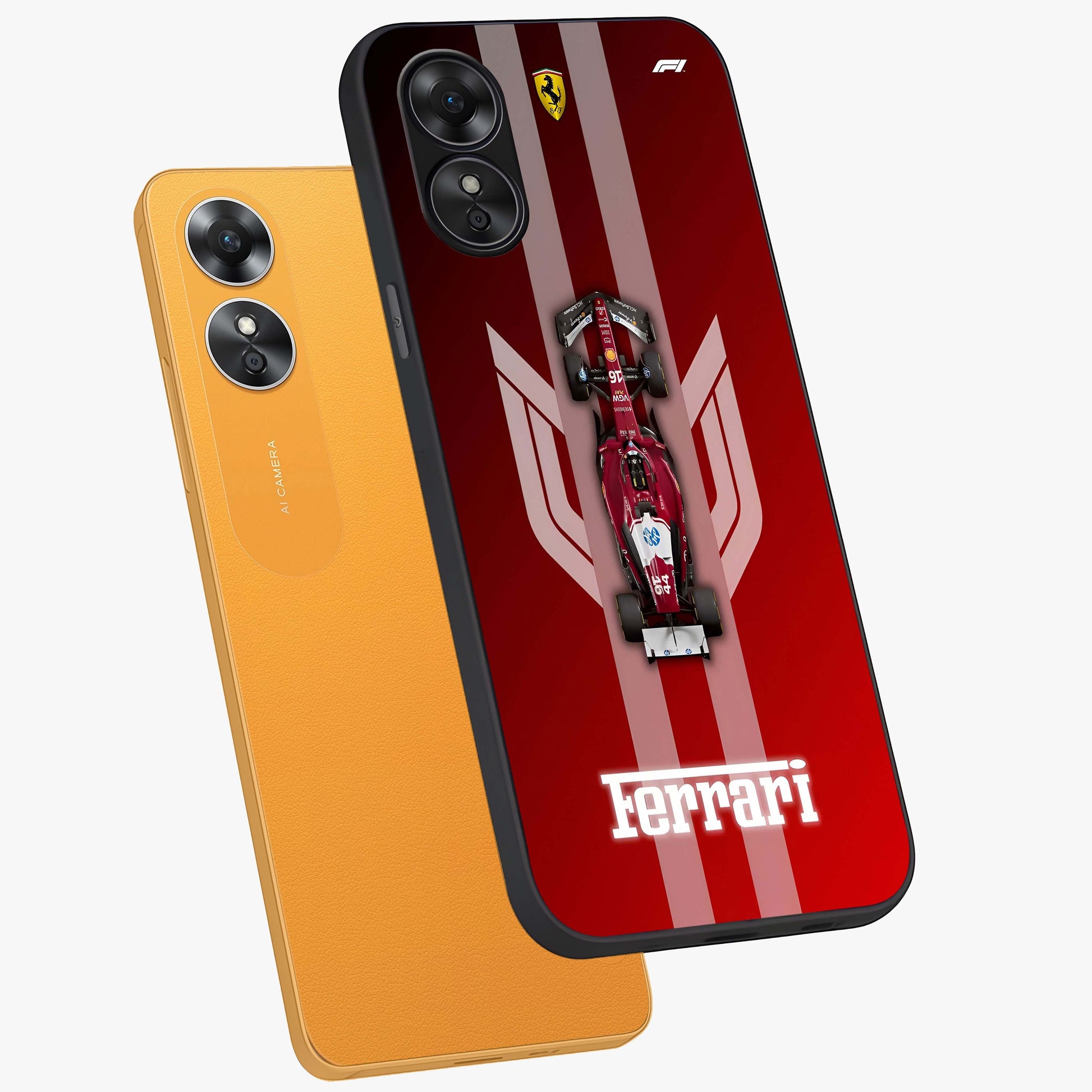 Red Ferrari F1 Vertical Glass Case displayed in angled mockup highlighting high speed racing design with bold automotive aesthetic.