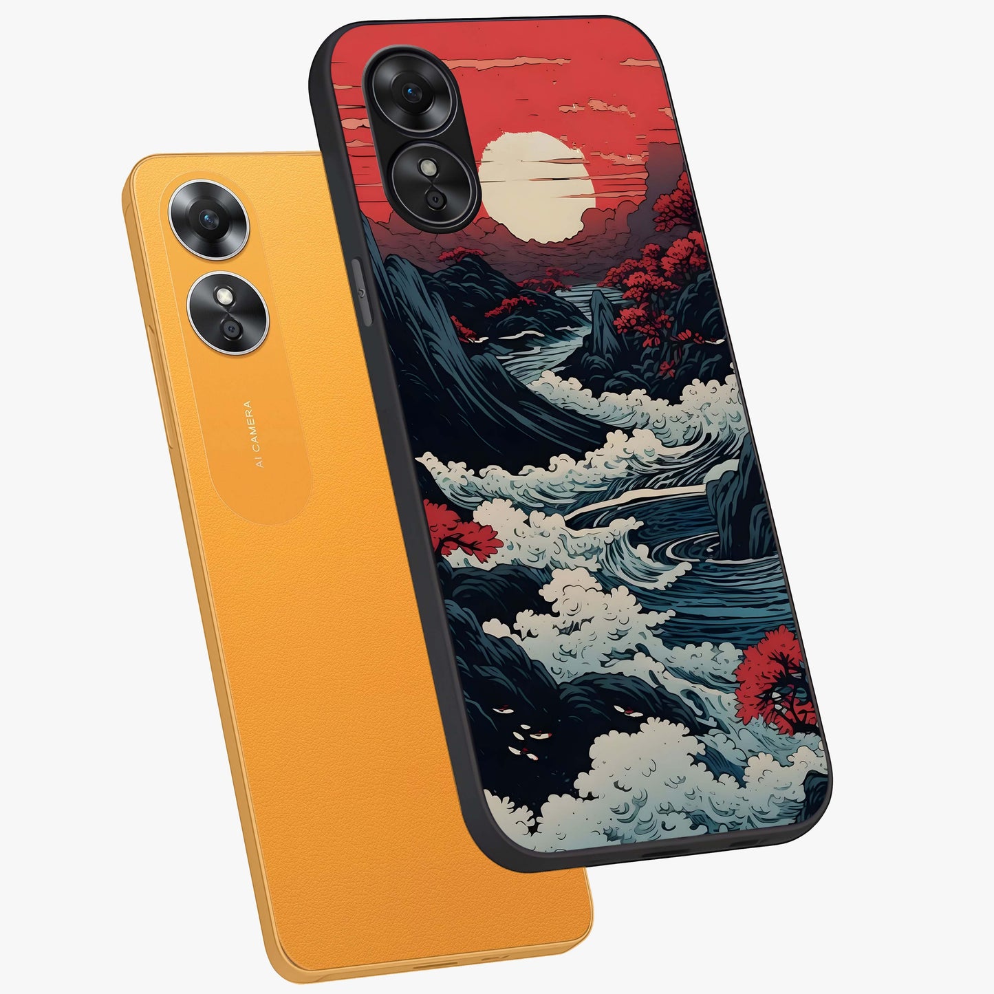 Red Sunset Scenery Glass Case displayed in angled mockup highlighting glowing sunset sky design with scenic aesthetic.