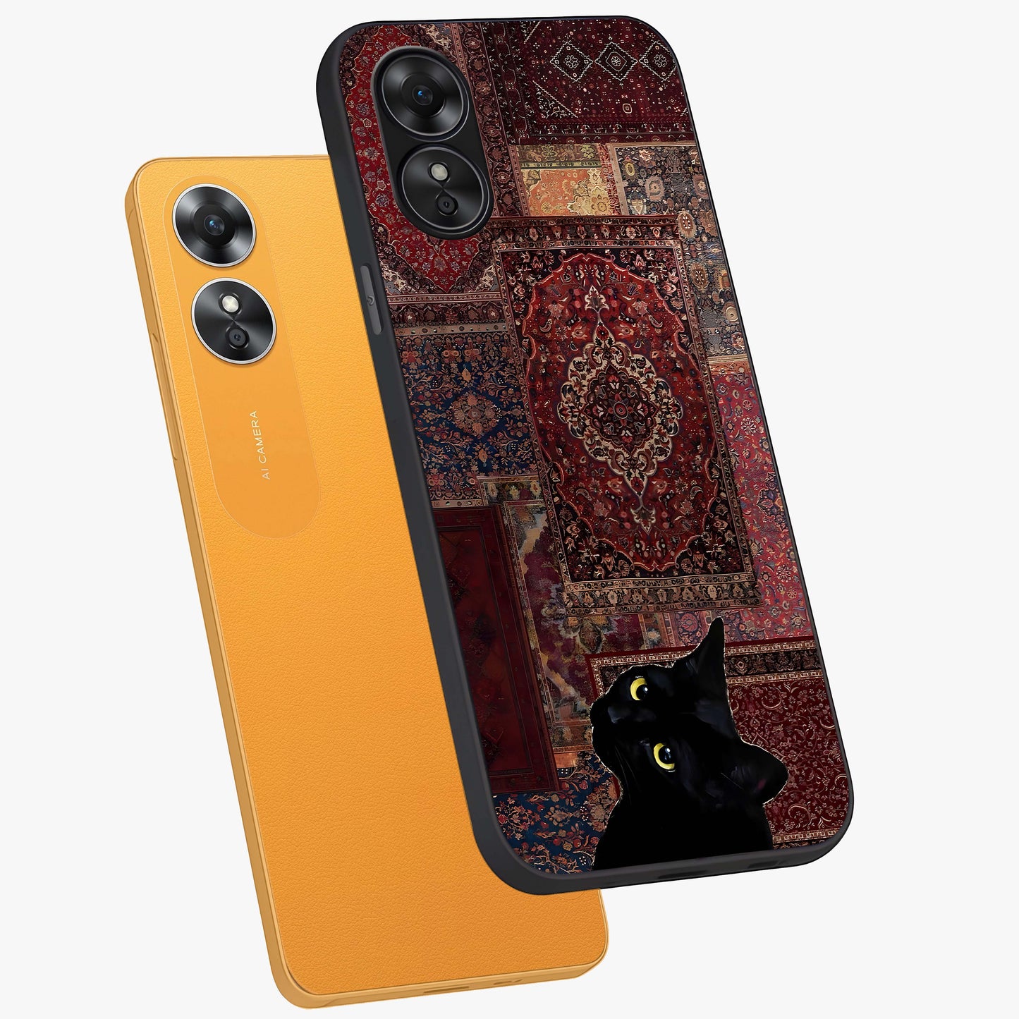Regal Magic Cat Apple Glass Case displayed in angled mockup highlighting whimsical feline design with fantasy aesthetic.