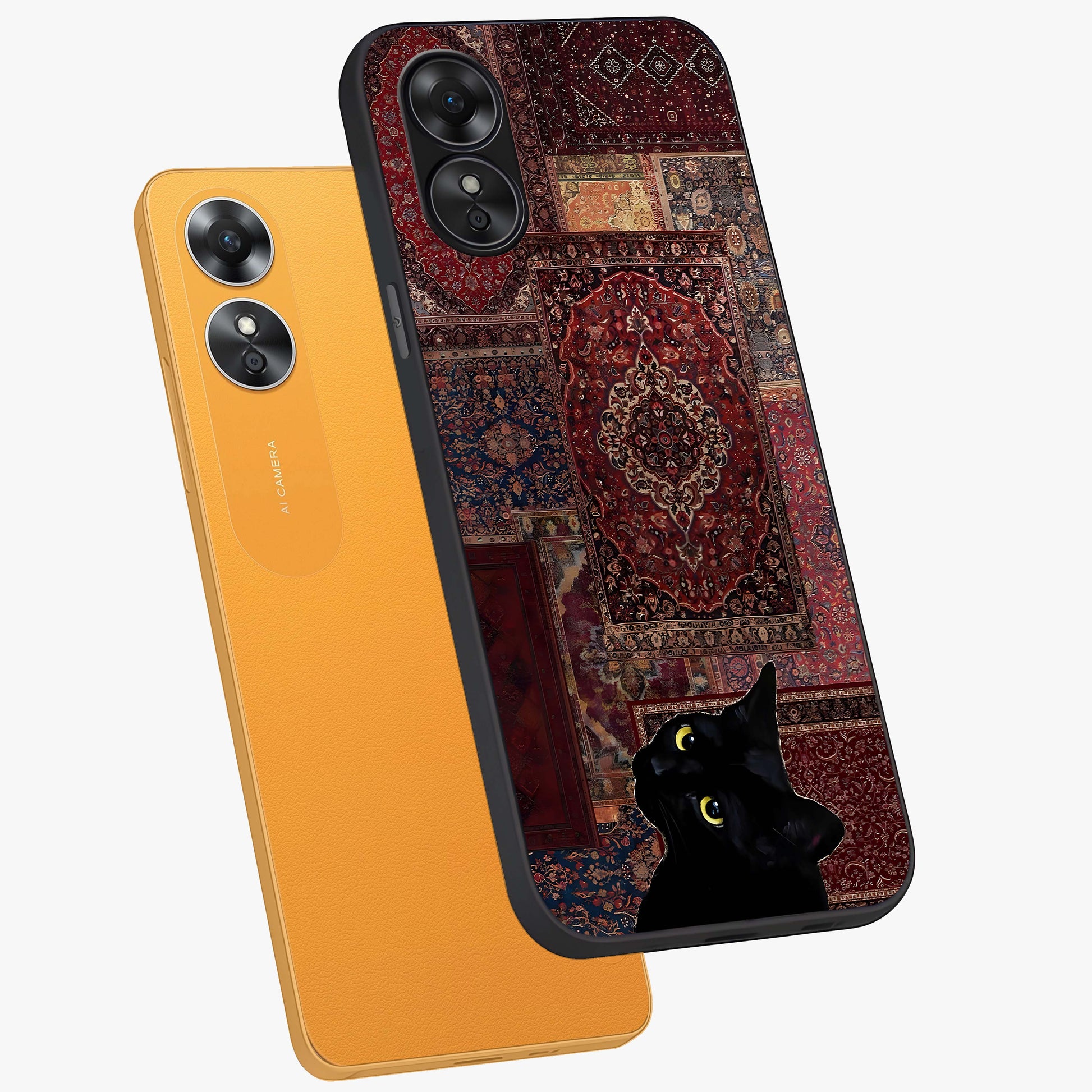 Regal Magic Cat Apple Glass Case displayed in angled mockup highlighting whimsical feline design with fantasy aesthetic.