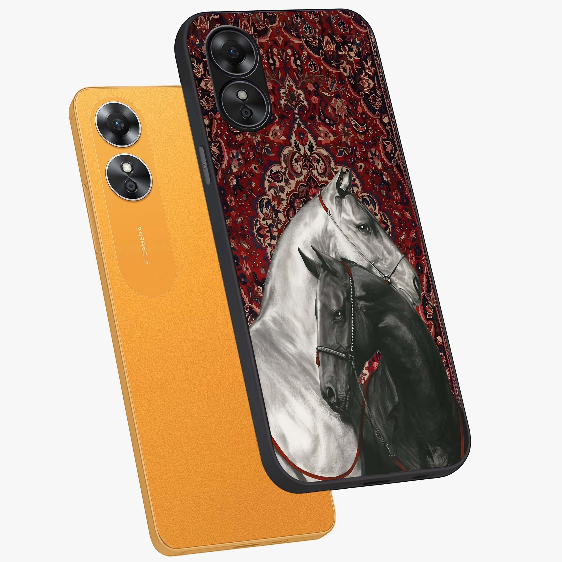 Regal Stallion Tapestry Glass Case displayed in angled mockup highlighting royal stallion design with decorative heritage aesthetic.