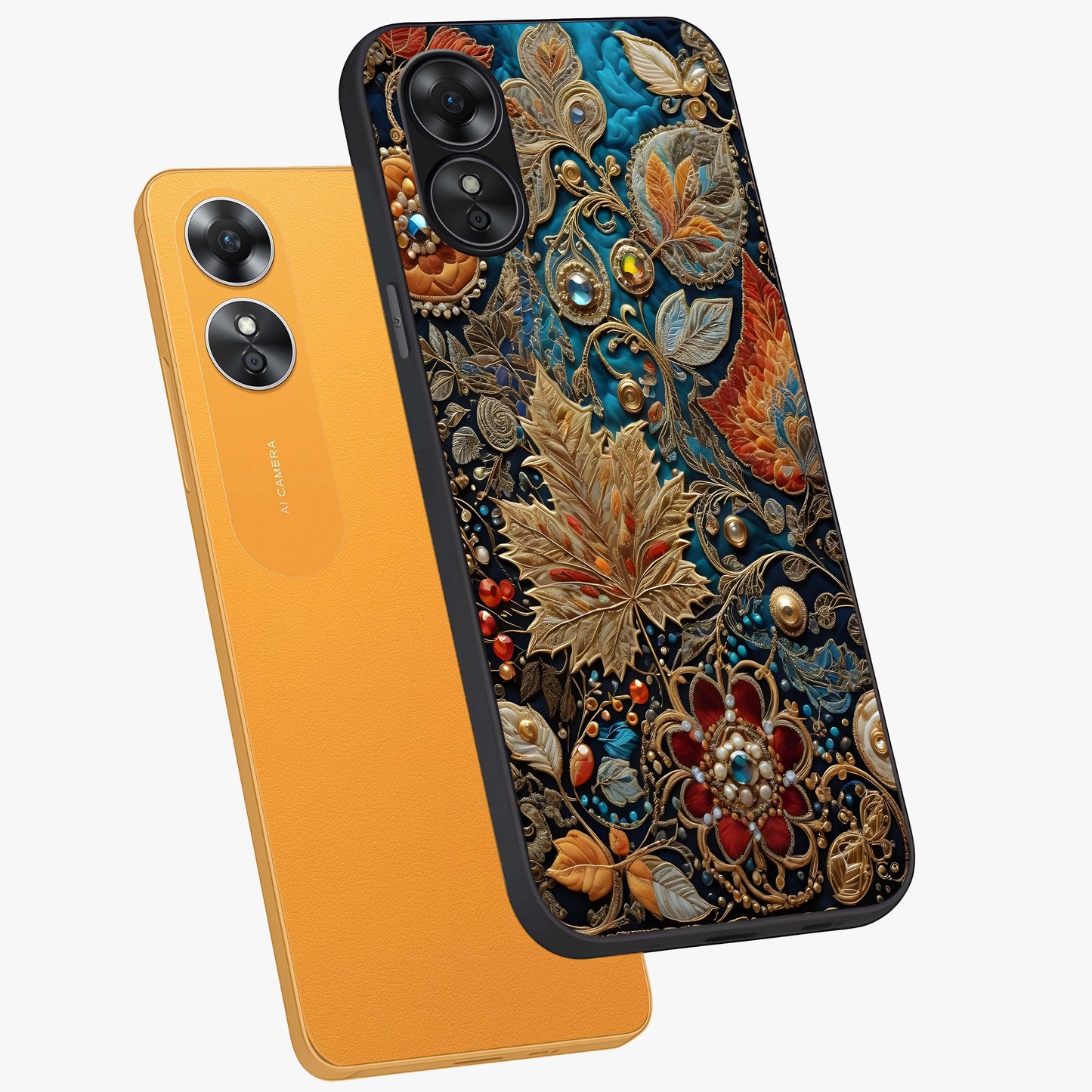 Royal Jewel Garden Glass Case displayed in angled mockup highlighting vibrant jewel inspired floral design with elegant aesthetic.