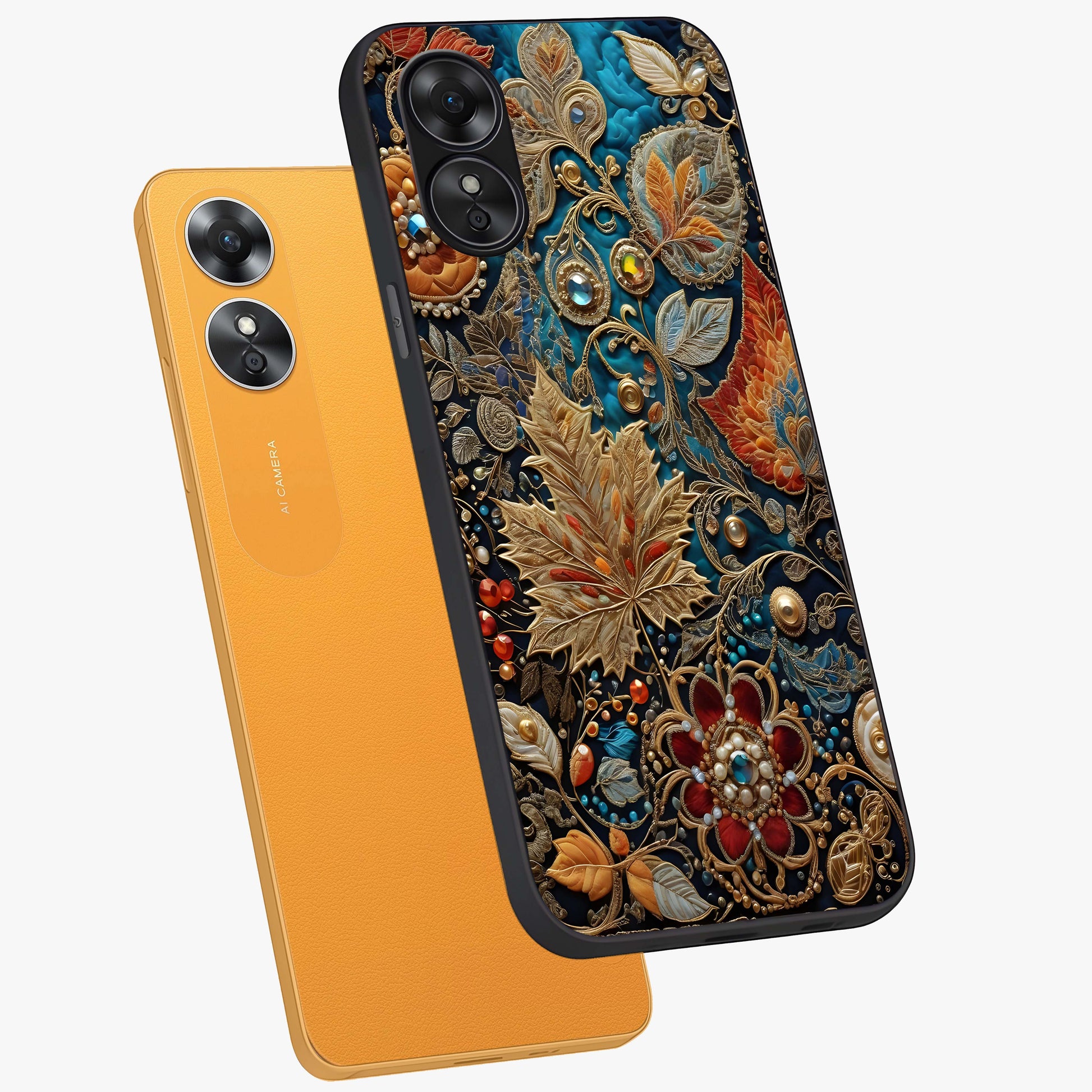Royal Jewel Garden Glass Case displayed in angled mockup highlighting vibrant jewel inspired floral design with elegant aesthetic.