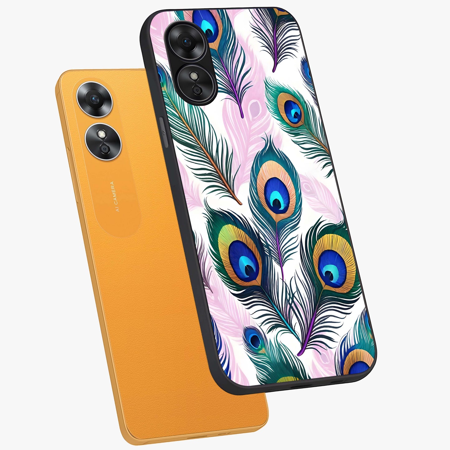 Royal Peacock Feathers Glass Case displayed in angled mockup highlighting vibrant feather pattern with regal aesthetic style.