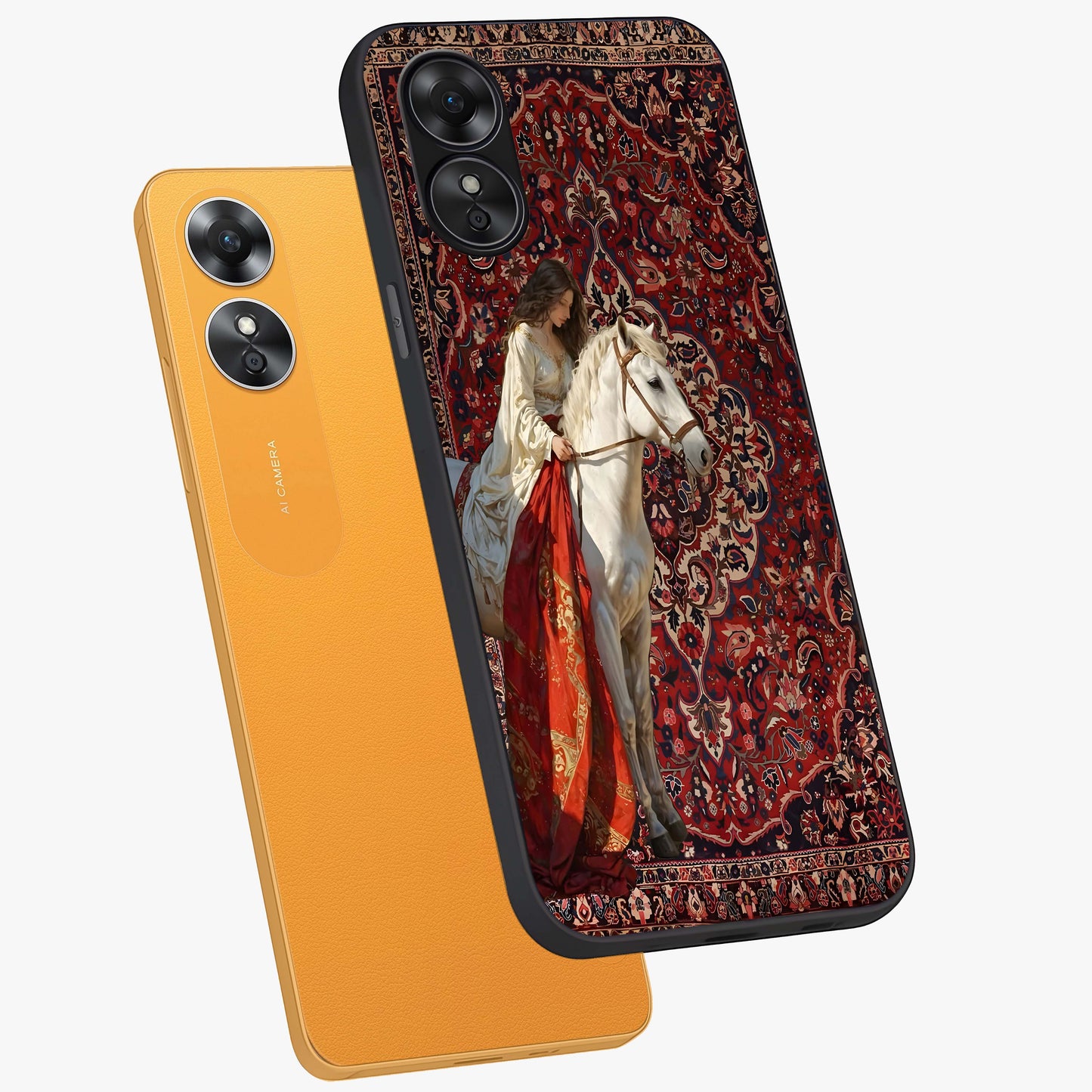 Royal Rider Tapestry Glass Case displayed in angled mockup highlighting traditional tapestry design with royal heritage aesthetic.