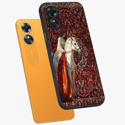 Royal Rider Tapestry Glass Case displayed in angled mockup highlighting traditional tapestry design with royal heritage aesthetic.