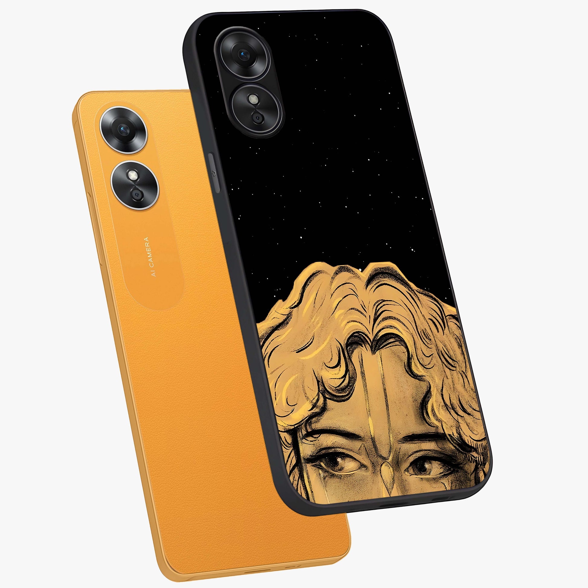 Shri Krishna Art Glass Case displayed in angled mockup highlighting spiritual Krishna illustration with divine aesthetic.