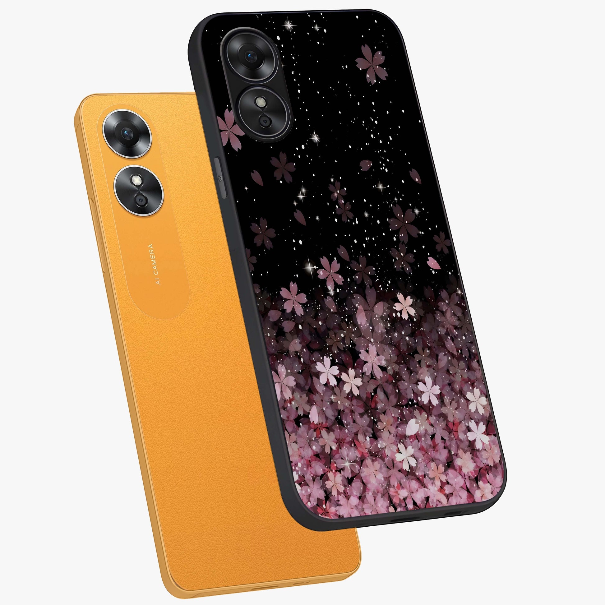 Small Starry Flowers Glass Case displayed in angled mockup highlighting tiny flower pattern with celestial aesthetic style.