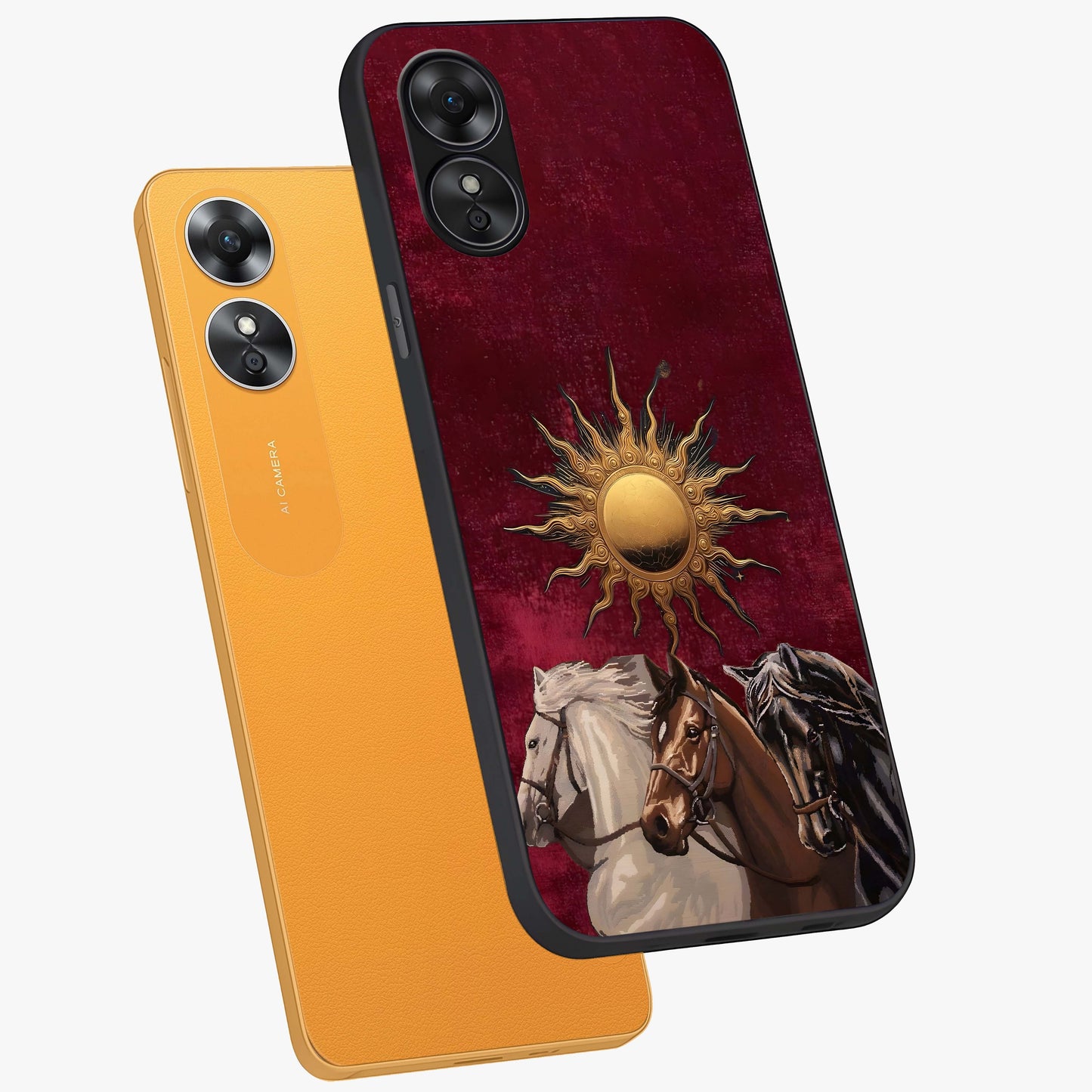 Solar Riders Glass Case displayed in angled mockup highlighting powerful rider illustration with radiant solar aesthetic.