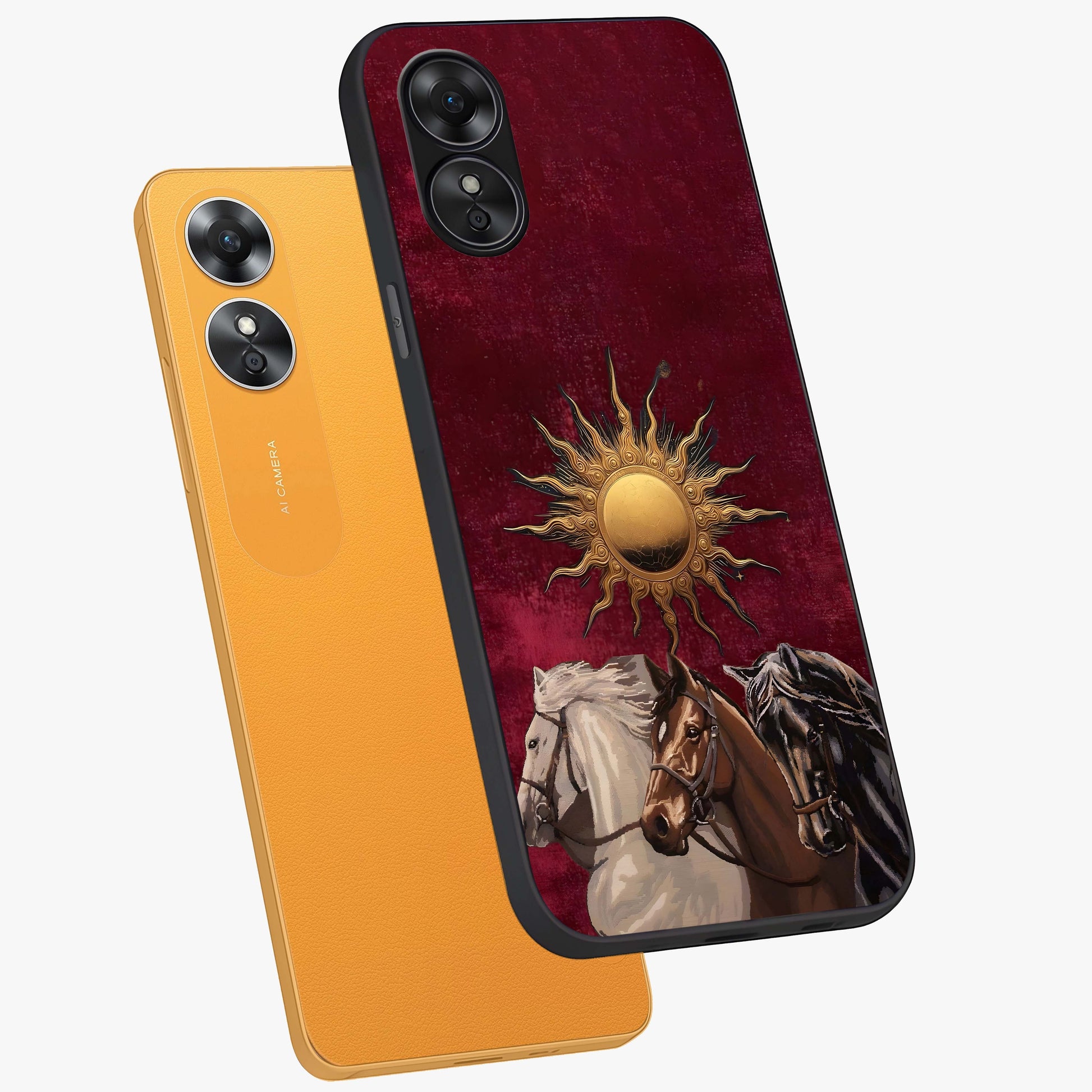 Solar Riders Glass Case displayed in angled mockup highlighting powerful rider illustration with radiant solar aesthetic.