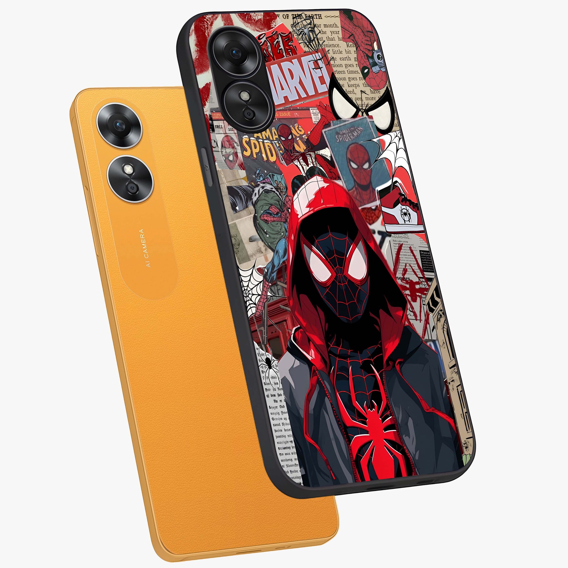 Spider Collage Street Glass Case displayed in angled mockup highlighting dynamic street style collage design with comic aesthetic.
