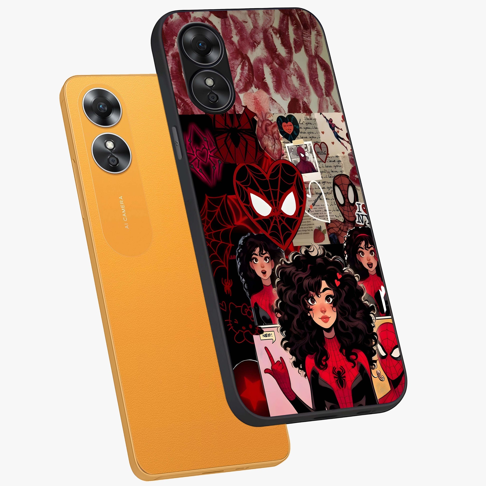 Spider Love Story Glass Case displayed in angled mockup highlighting expressive comic inspired design with playful aesthetic.
