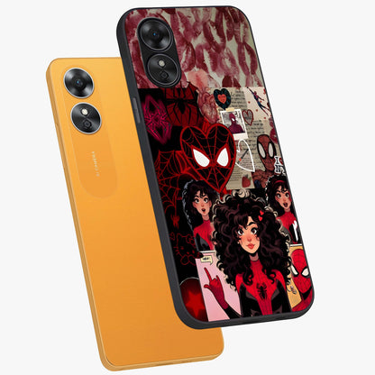 Spider Love Story Glass Case displayed in angled mockup highlighting expressive comic inspired design with playful aesthetic.