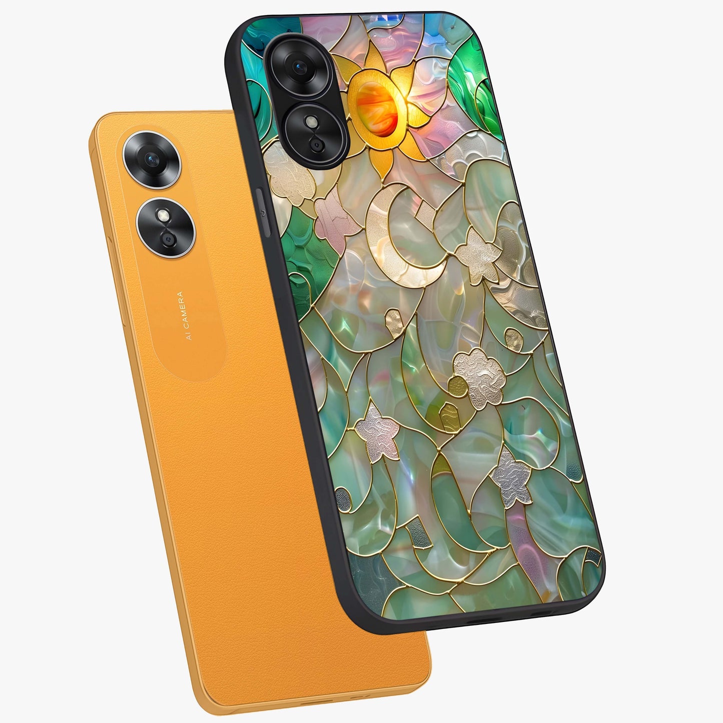 Stained Sunrise Glow Glass Case displayed in angled mockup highlighting radiant sunrise design with artistic aesthetic style.