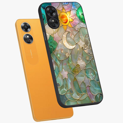 Stained Sunrise Glow Glass Case displayed in angled mockup highlighting radiant sunrise design with artistic aesthetic style.