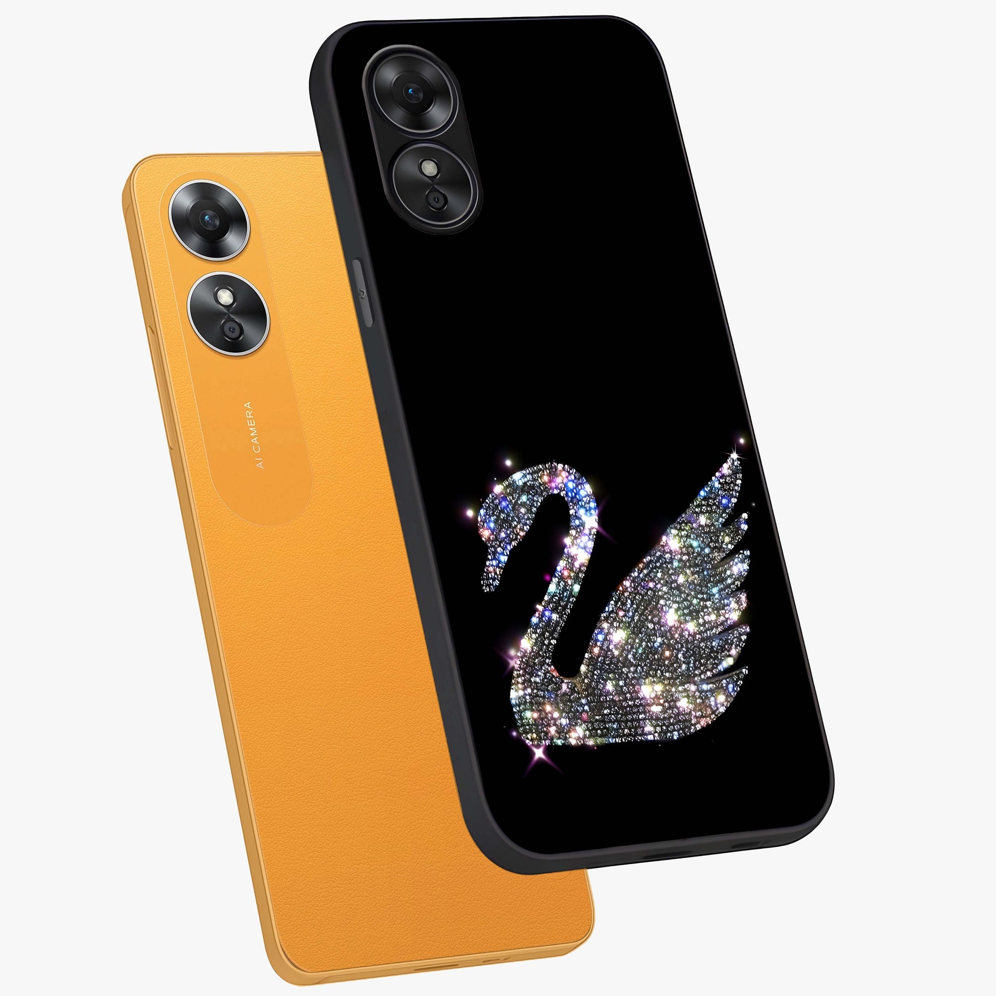 Starlit Swan Grace Glass Case displayed in angled mockup highlighting elegant swan illustration with dreamy celestial aesthetic.